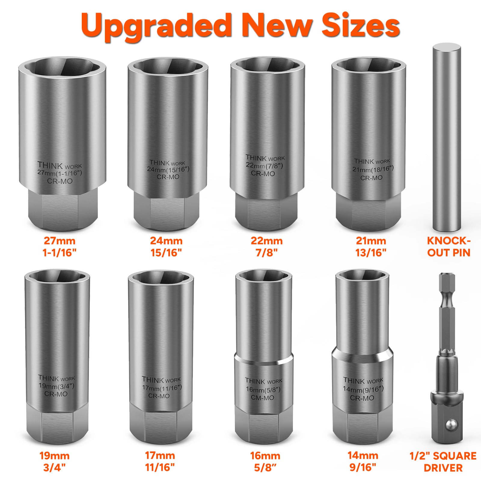 THINKWORK lined up sockets displaying included metric sizes for compatibility