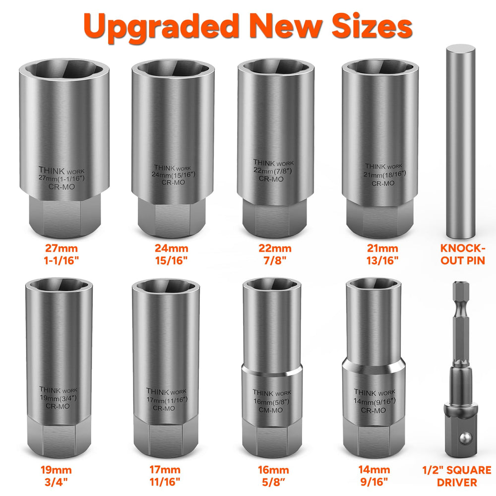 THINKWORK lined up sockets displaying included metric sizes for compatibility