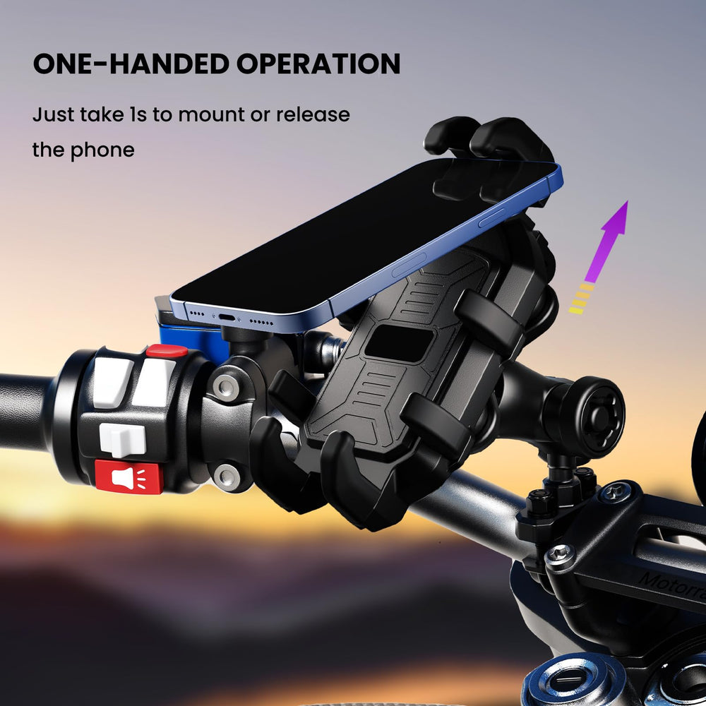 Thlevel lifestyle shot of motorcycle ride demonstrating secure phone use
