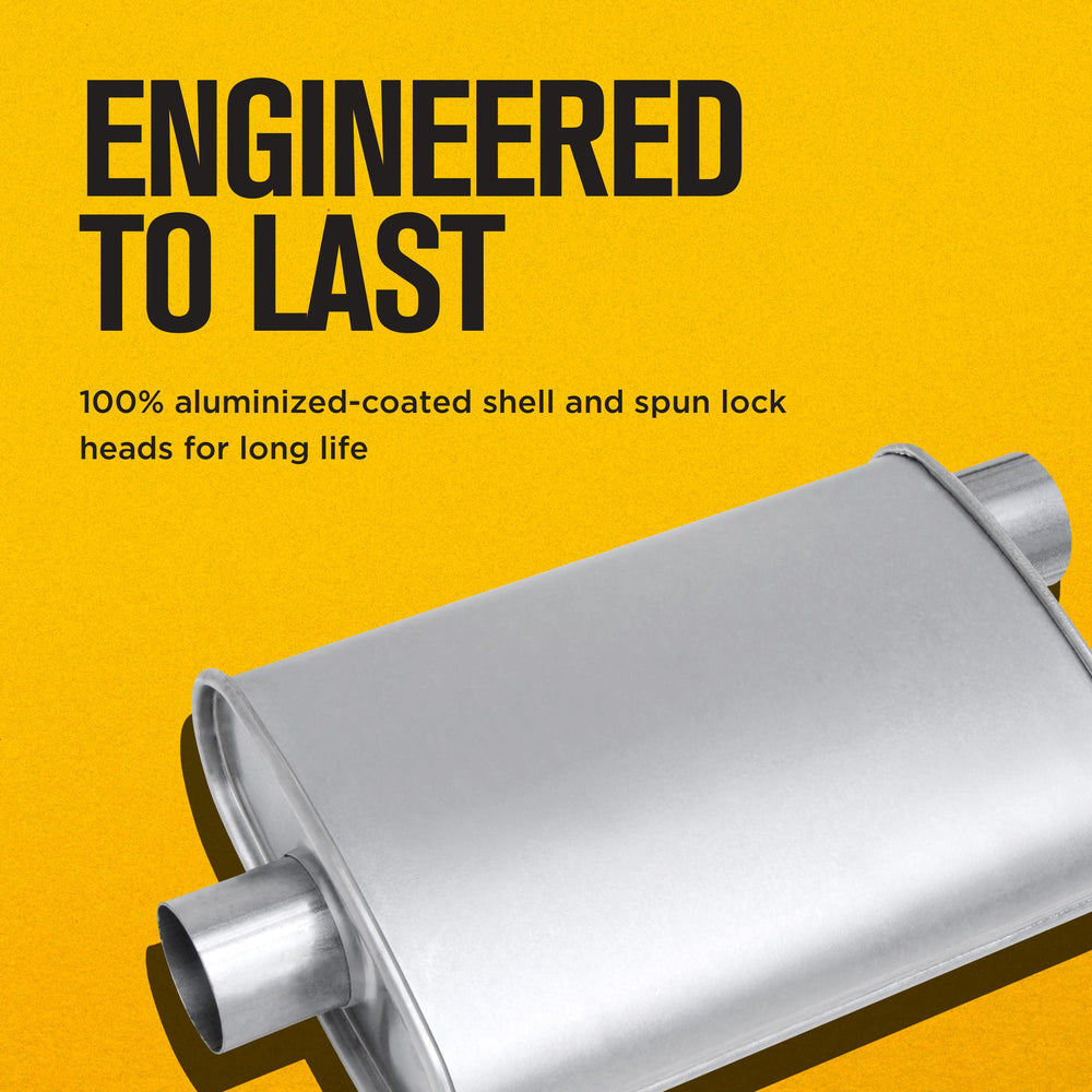 Thrush Turbo muffler 2.5 inch inlet and offset 2.5 inch center outlet detail