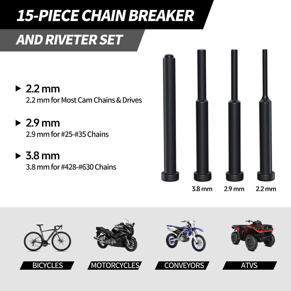 Thsakzo chain breaker clamped to a motorcycle chain demonstrating clean pin removal