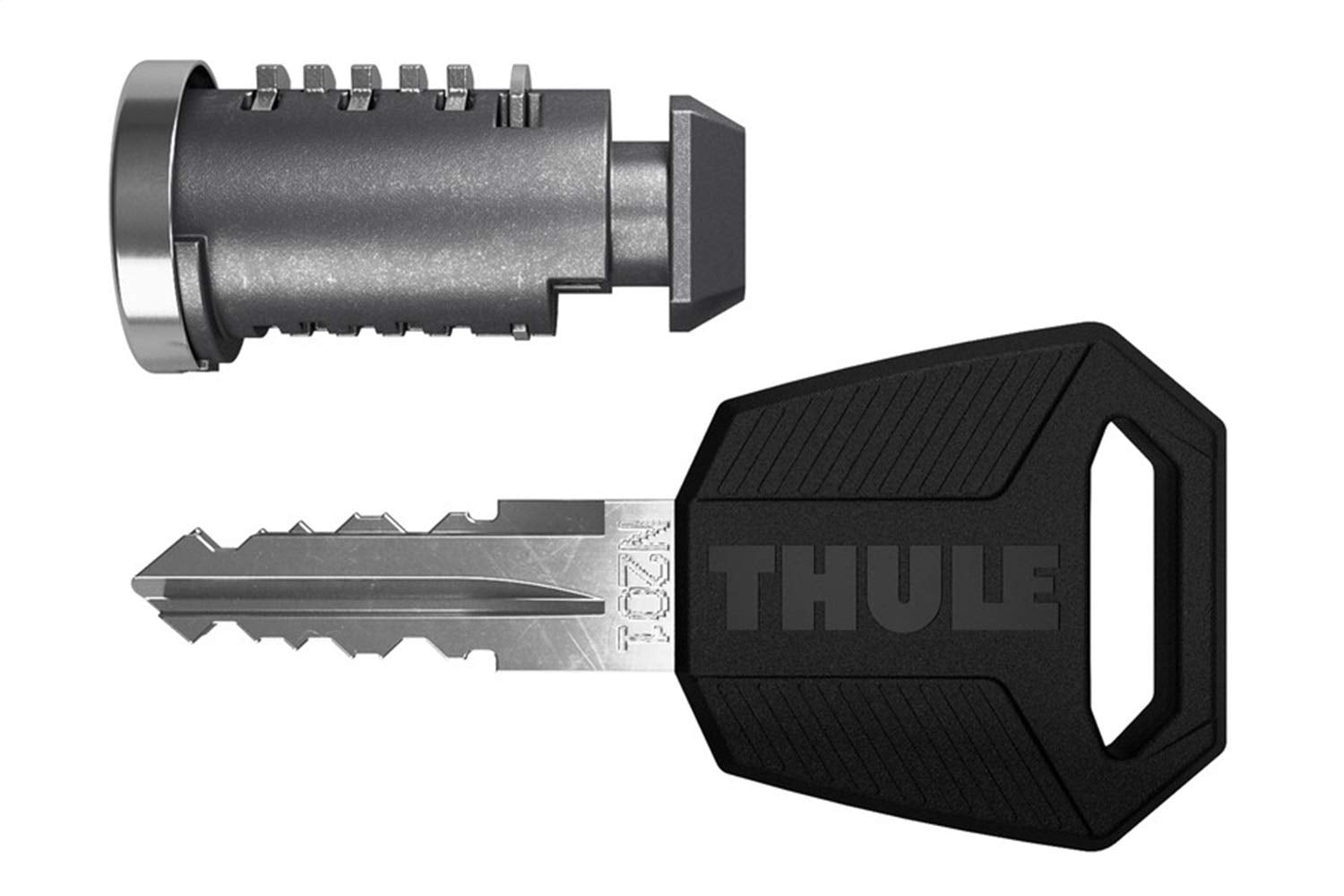 Thule one-key system front view showing two lock cylinders and clear identification
