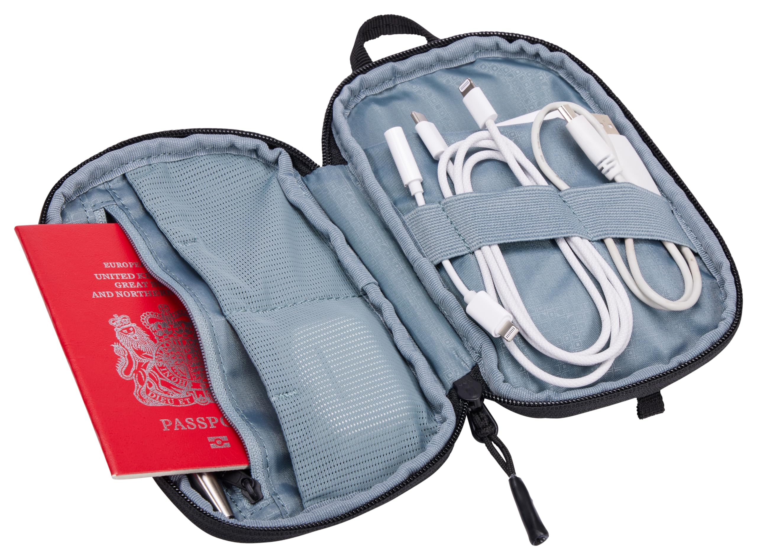 Thule Subterra PowerShuttle small in an airline seat pocket for quick inflight access