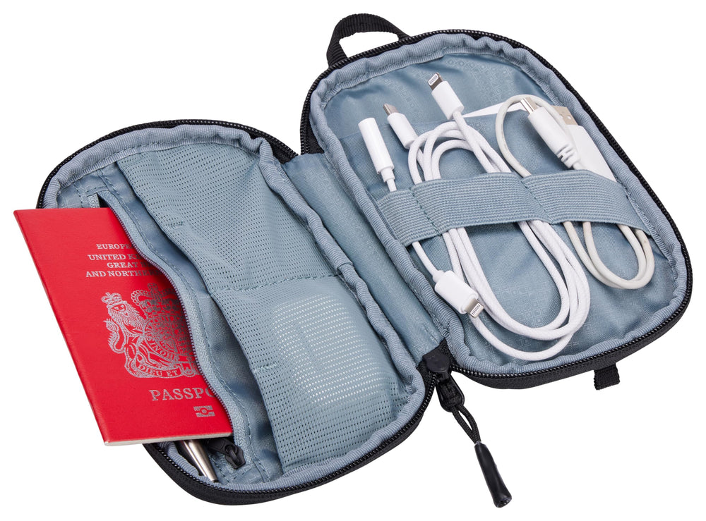 Thule Subterra PowerShuttle small in an airline seat pocket for quick inflight access