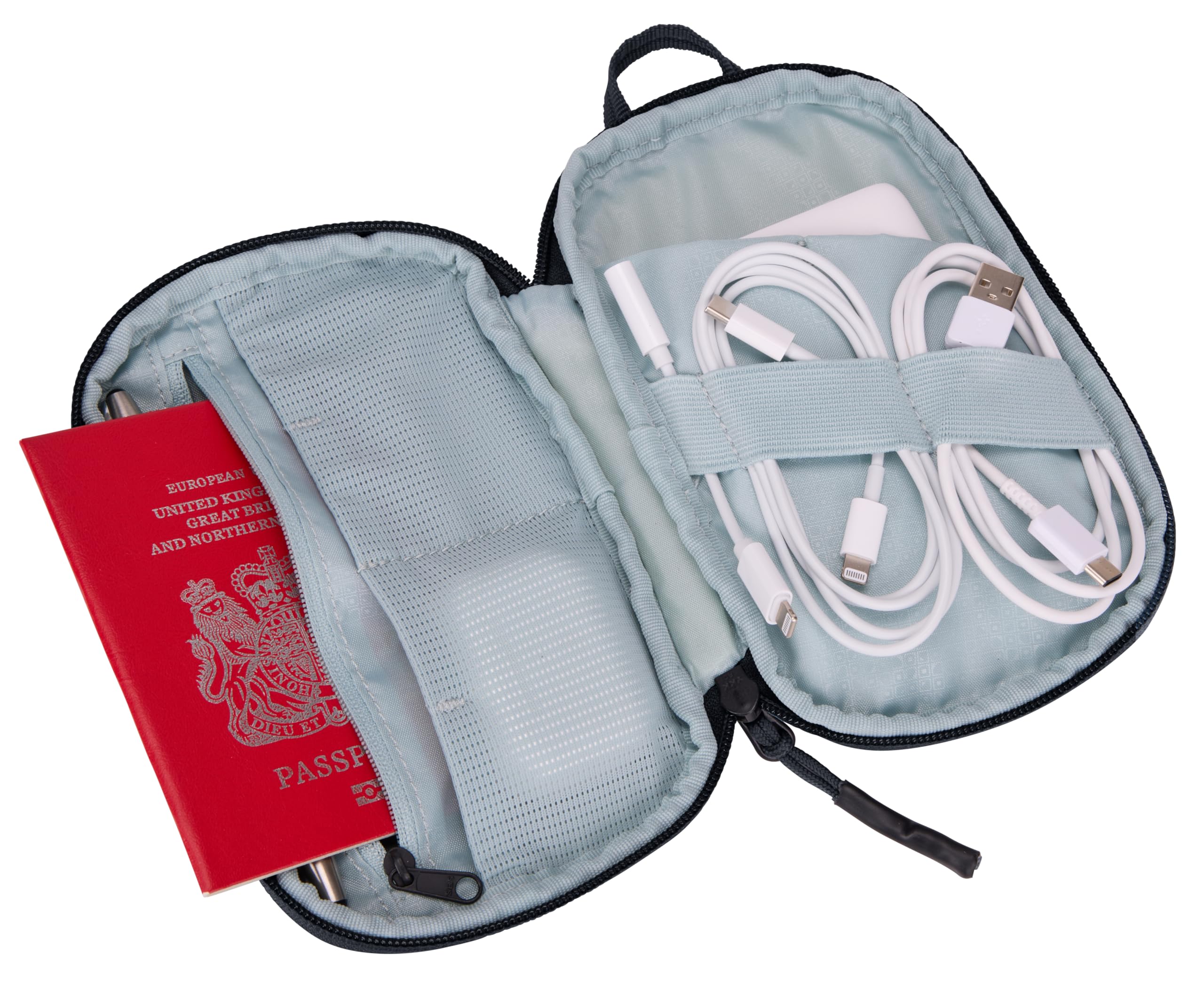 Thule PowerShuttle small fitting in airline seat pocket for quick access