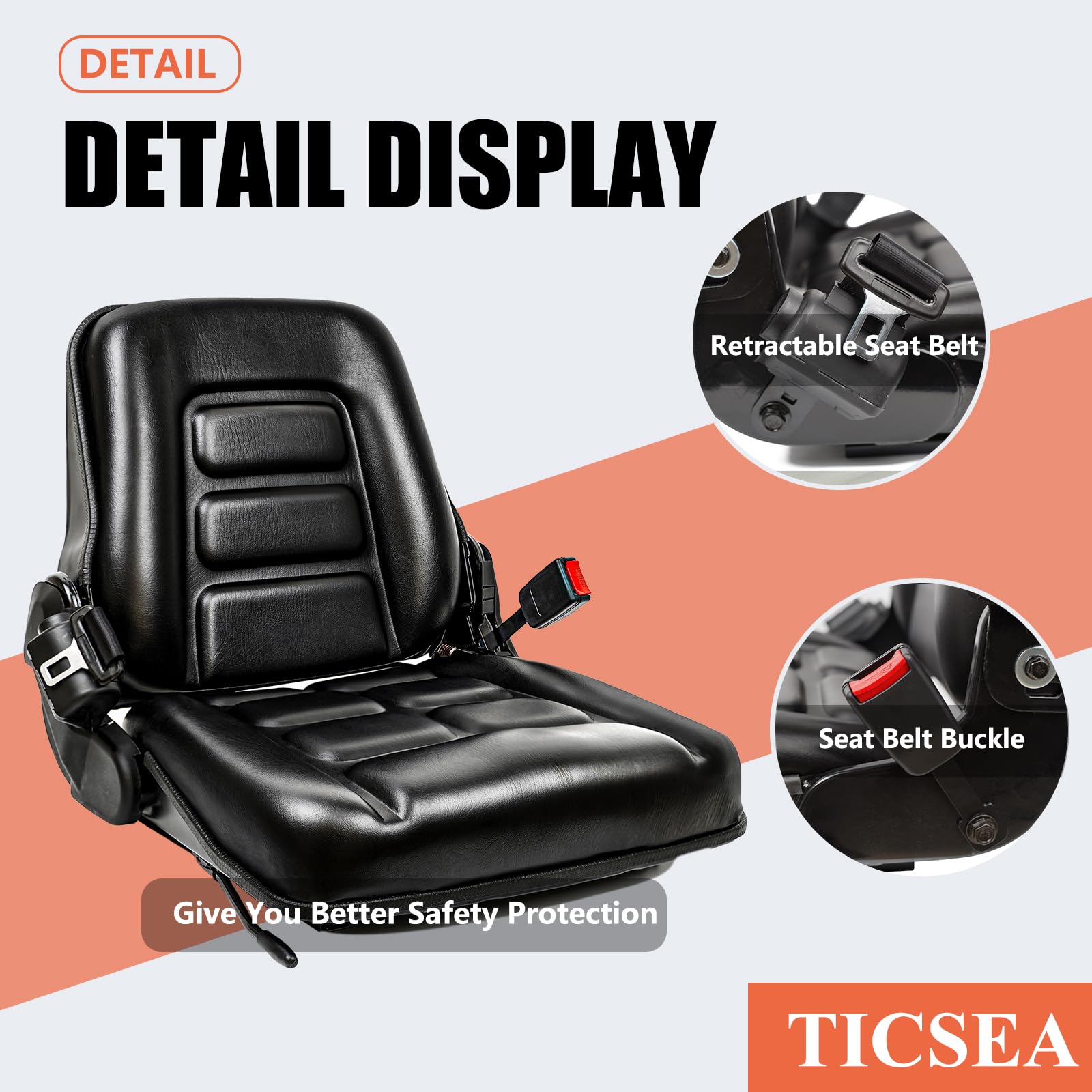 TICSEA adjustable backrest hinge detail showing 120-degree recline for posture support