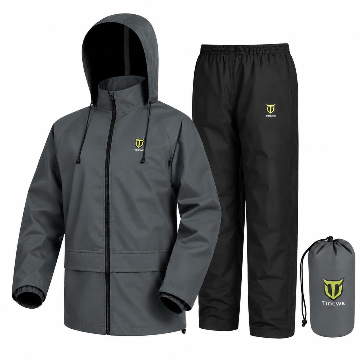 TIDEWE front view of gray rain suit showing full waterproof coverage and fit