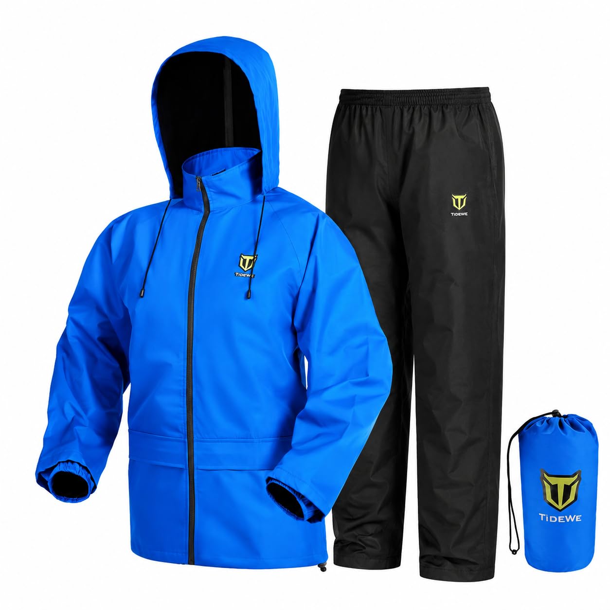 TIDEWE front view of jacket and pants showing full coverage and dry protection