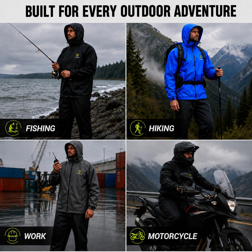 TIDEWE rain suit beside backpack showing size scale and travel convenience
