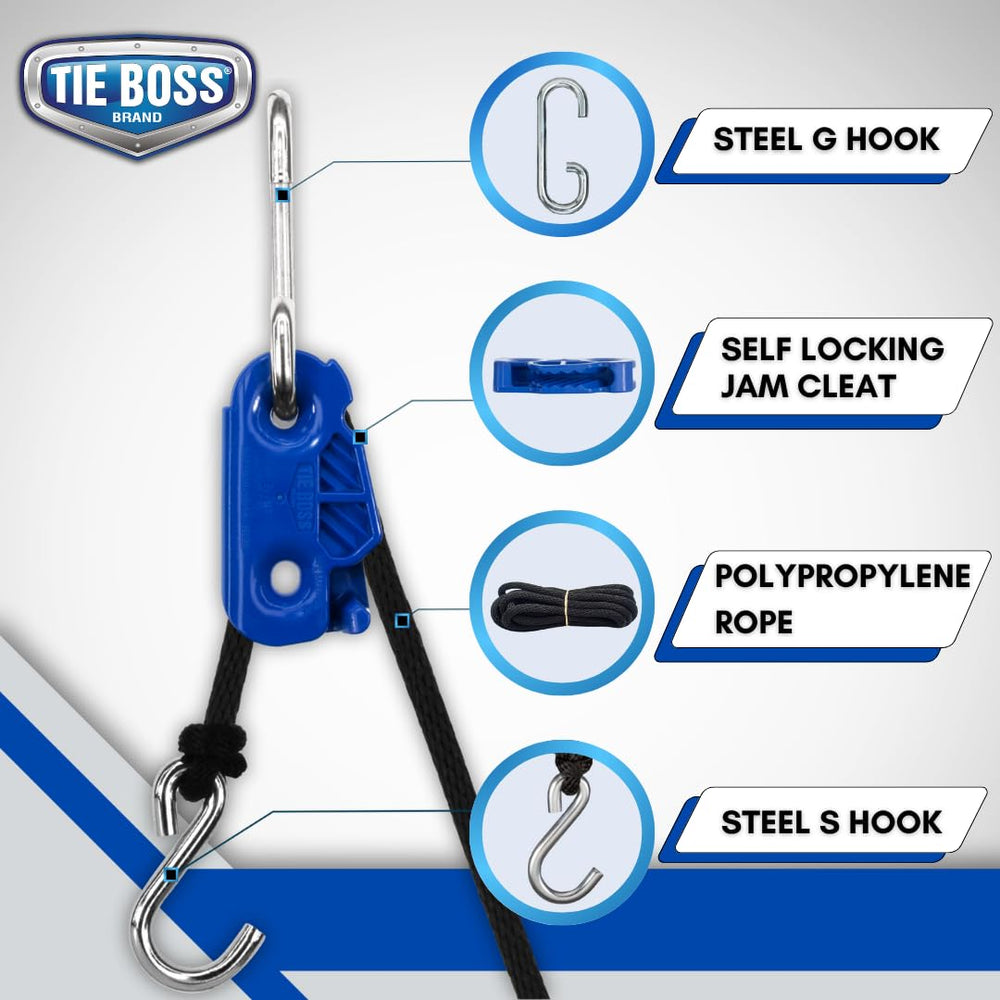 Tie Boss rope with G-hook and S-hook displayed for easy setup benefit