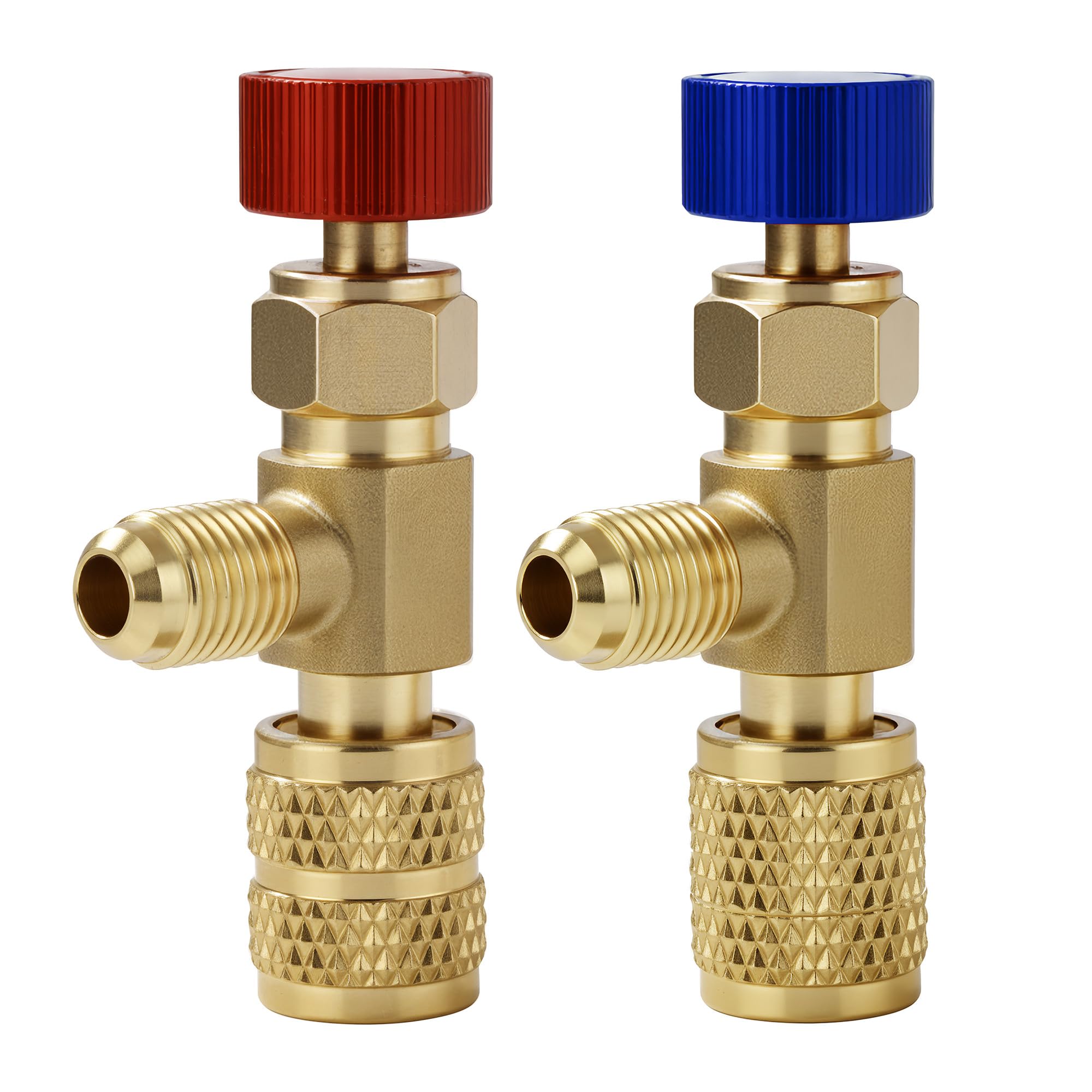 Timsec front view of two charging valves showing color-coded adapters and benefit clear identification