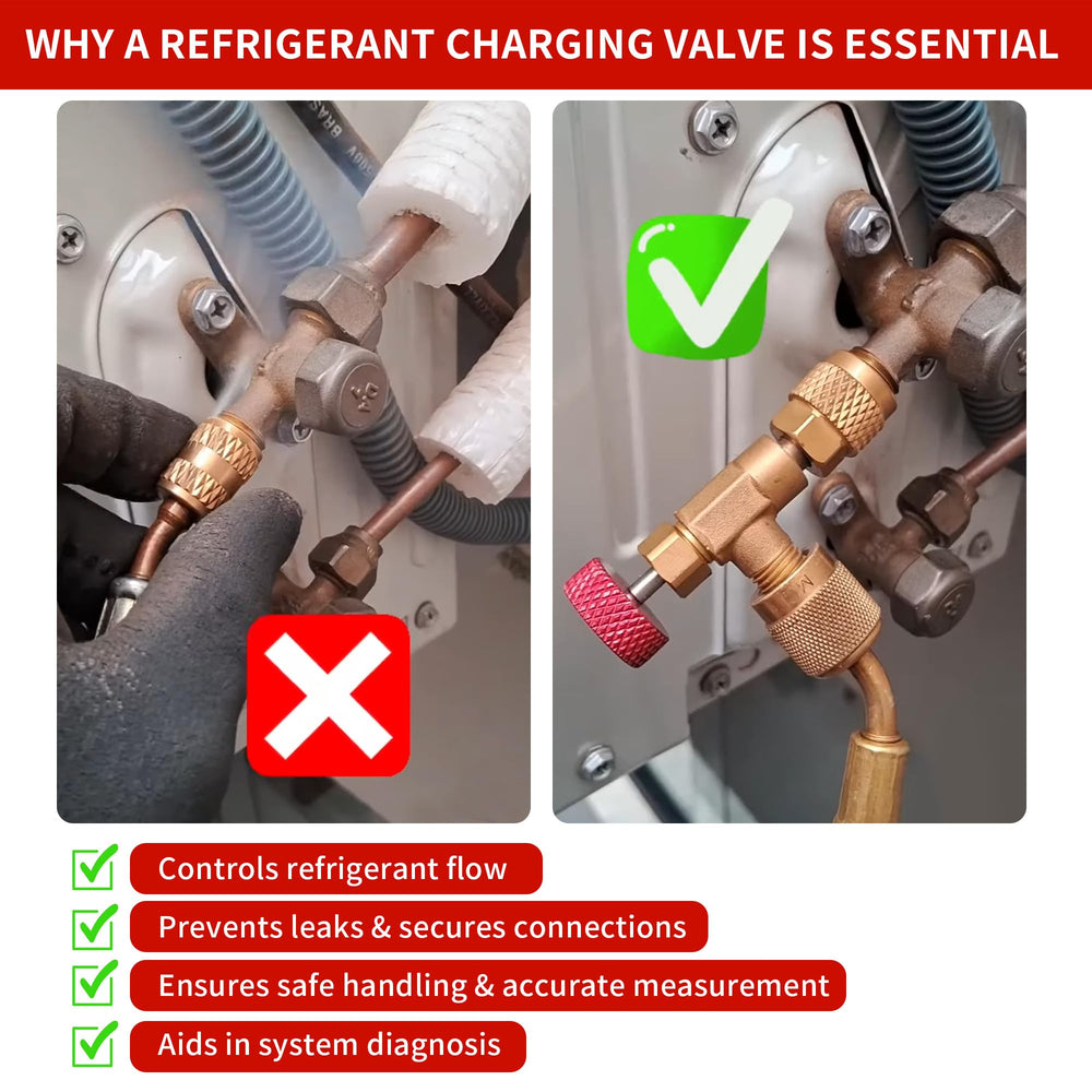 Timsec valve attached to a charging hose demonstrating safe refrigerant handling during service