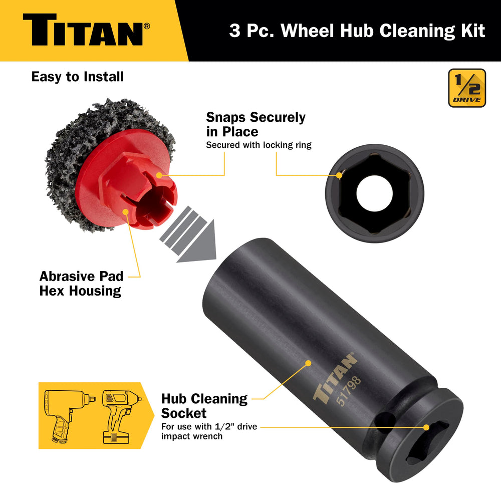 Titan 51798 mounted on an impact wrench cleaning wheel hub quickly