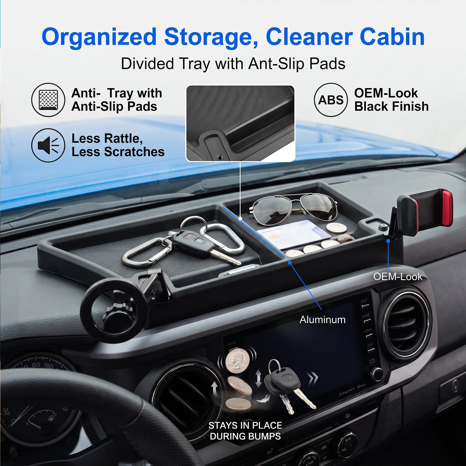 Titibett in-use with driver phone for navigation illustrating safe hands-free visibility