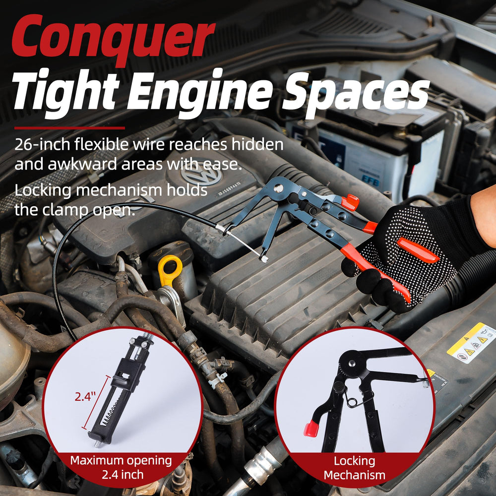 TKDMR flexible cable pliers reaching behind engine components to access hidden clamps