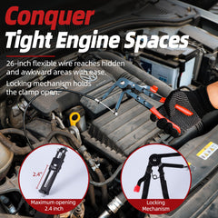 TKDMR flexible cable pliers reaching behind engine components to access hidden clamps