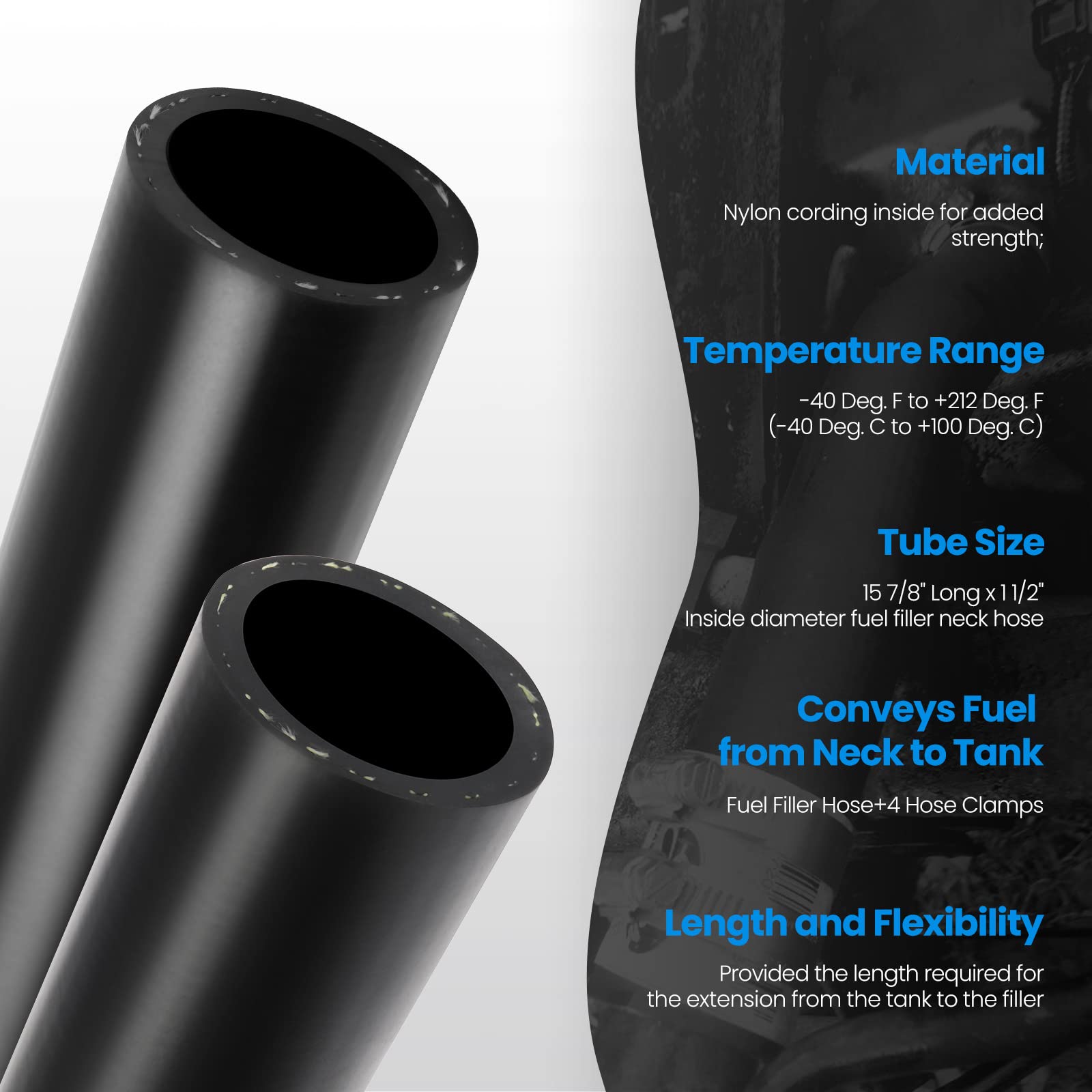 TKKEUEP four included hose clamps displayed to illustrate secure, corrosion-resistant fastening