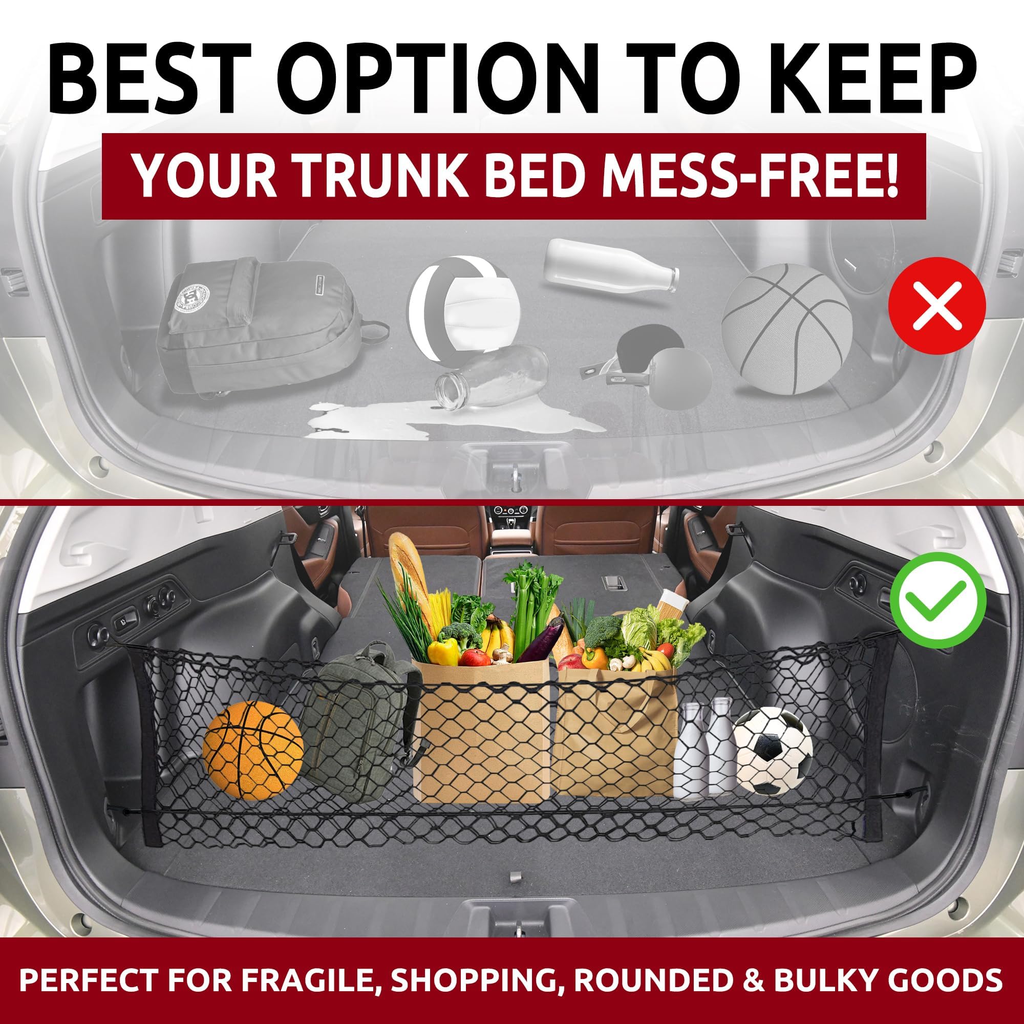 TN TrunkNets holding groceries and luggage in Forester trunk — prevents item movement during driving