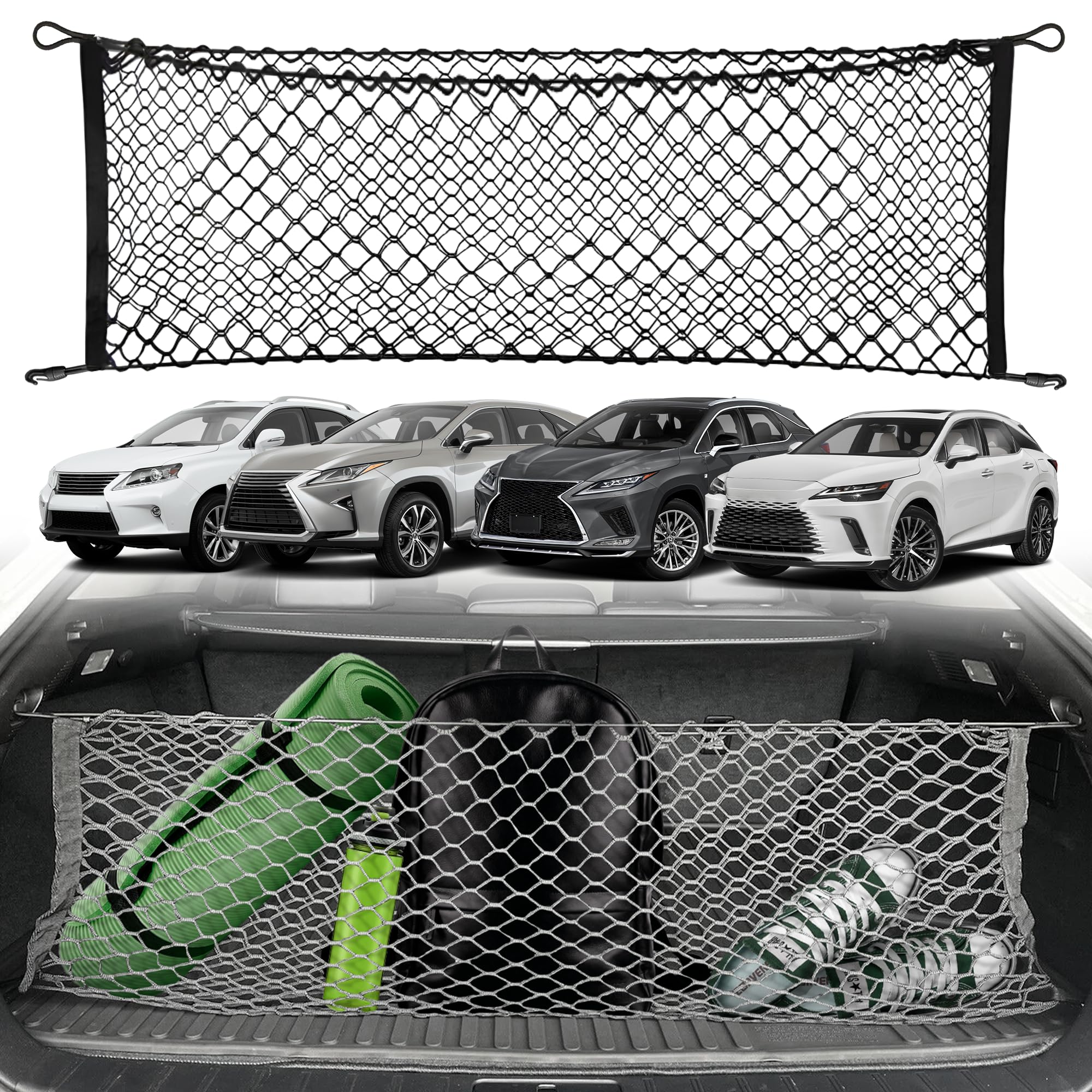 TN TrunkNets front view installed in Lexus RX showing secure cargo organization