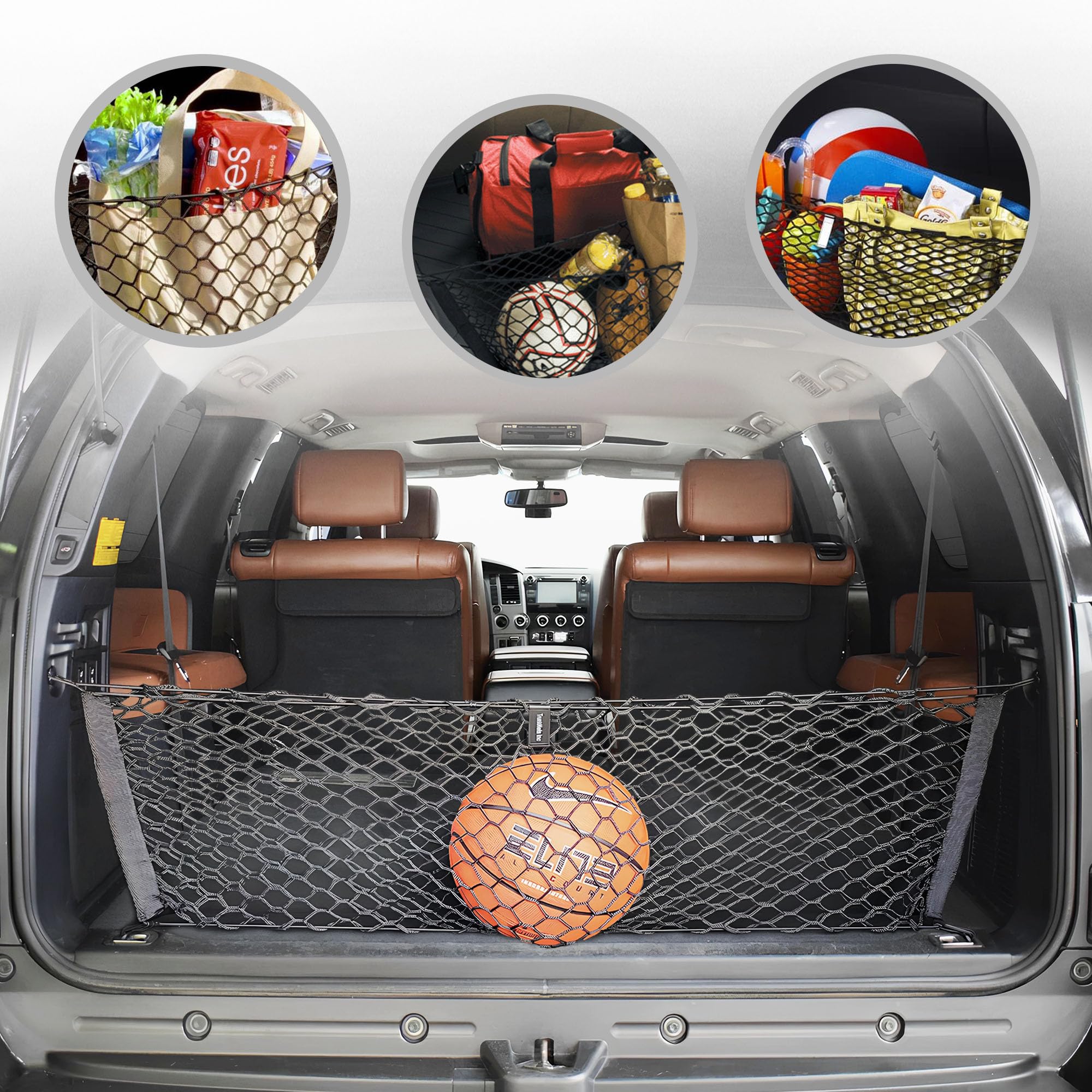TN TrunkNets front view installed in Toyota Sequoia shows organized cargo benefit