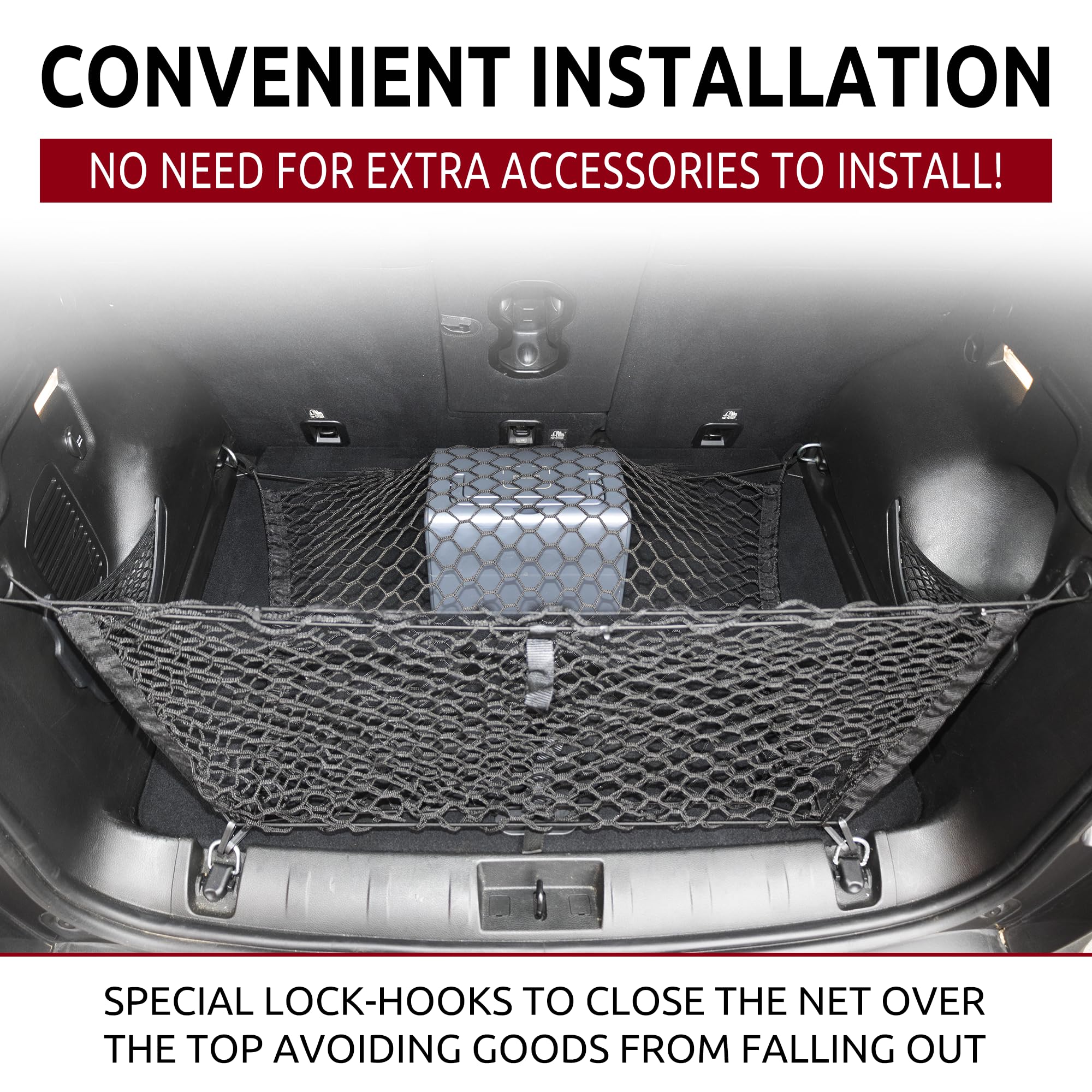 TN TrunkNets installed in Jeep Compass securing items for safer travel
