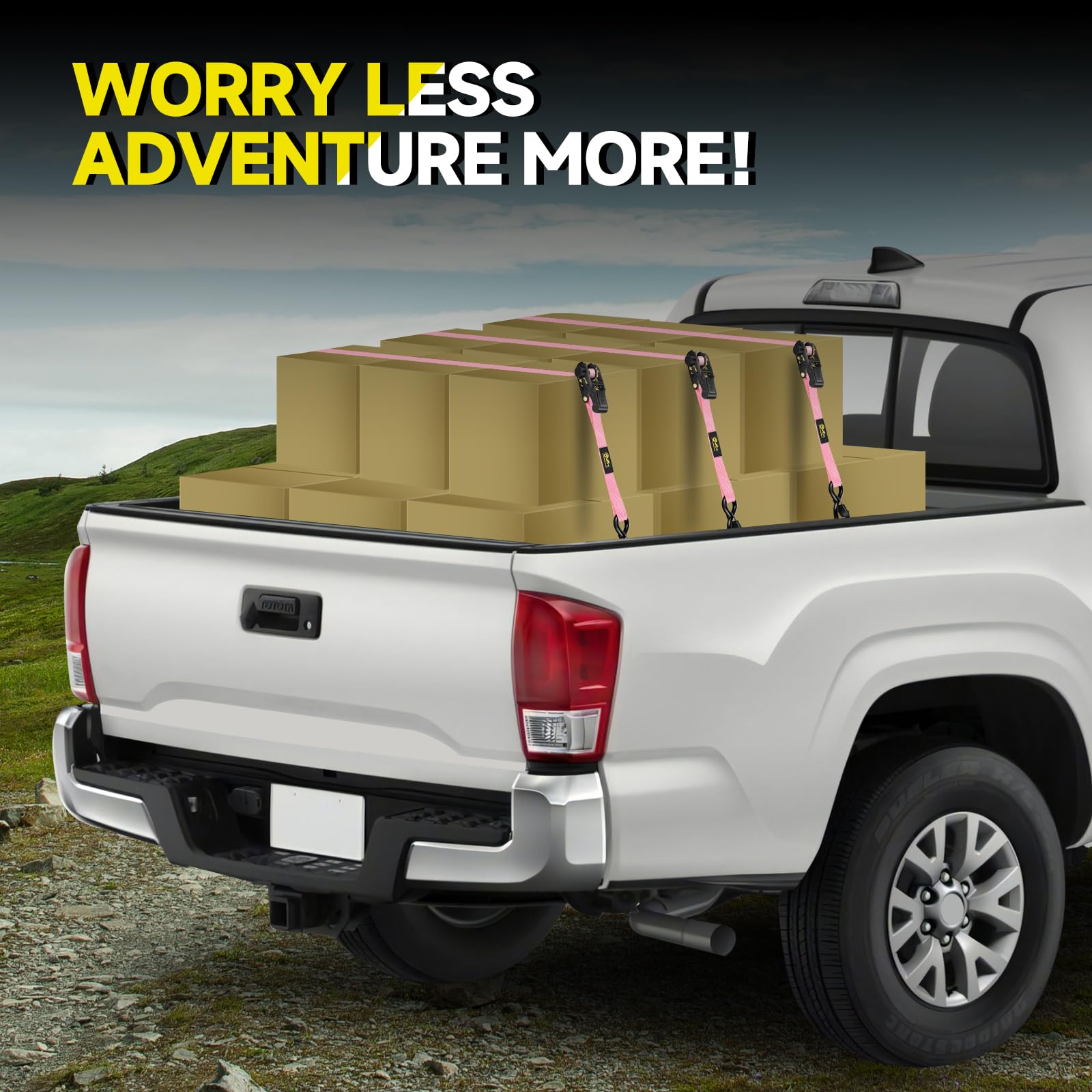 TOBUMO Onesnt straps in use on truck bed securing a motorcycle for transport