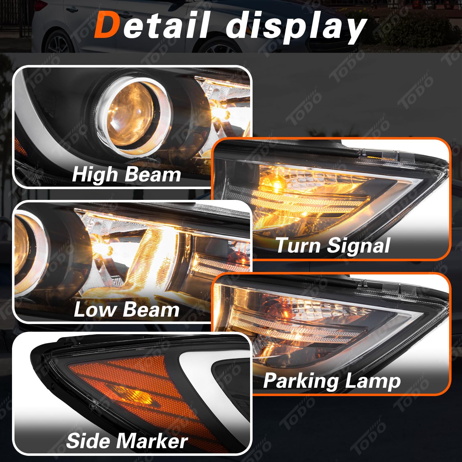 TODO headlight installed on Hyundai Elantra demonstrating correct alignment and restored appearance
