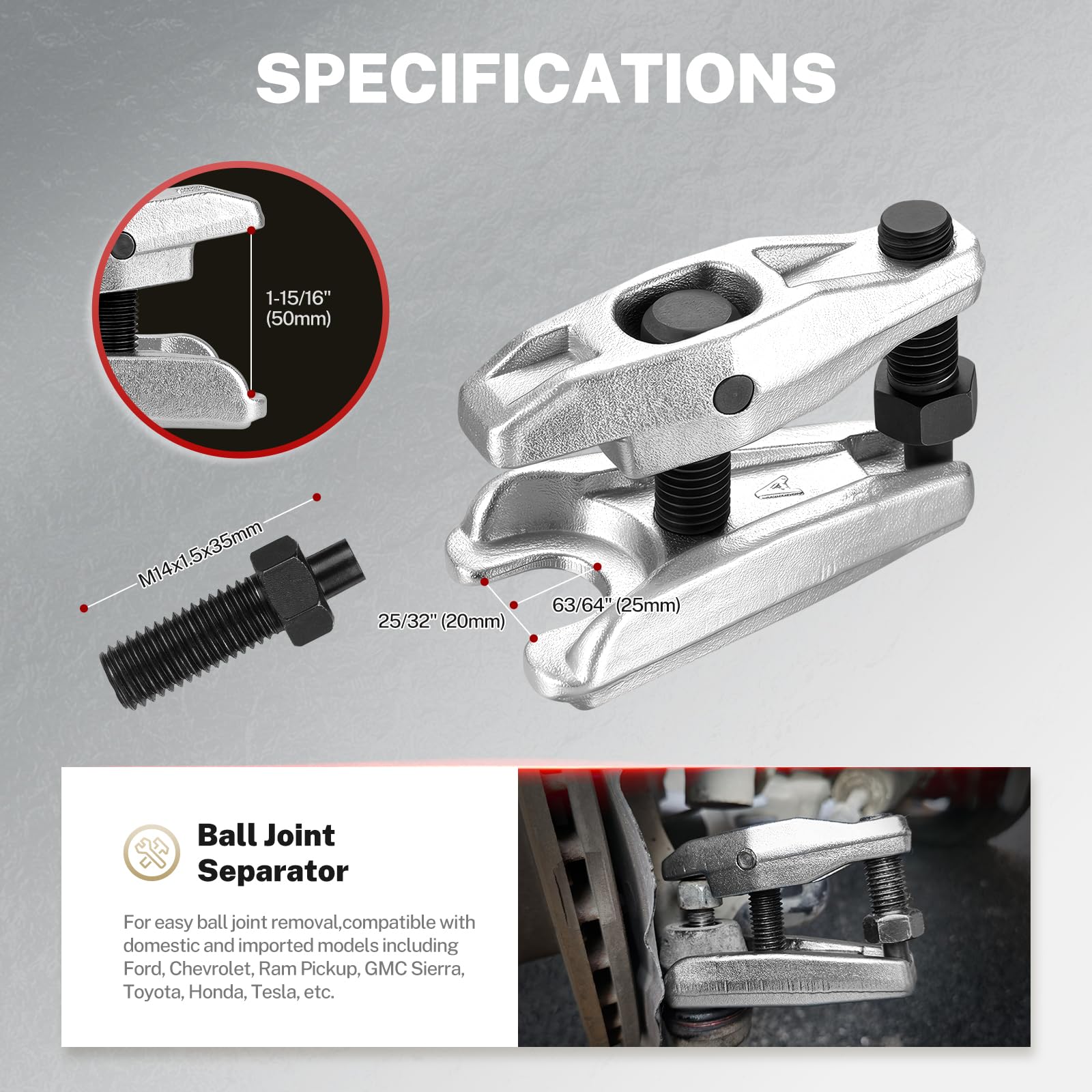 TOMMARS tools in use on suspension illustrating damage-free ball joint removal