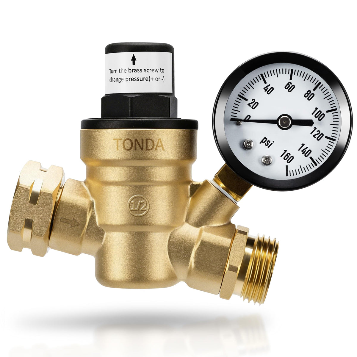 TONDA regulator front view showing compact brass body and gauge for reliable flow control