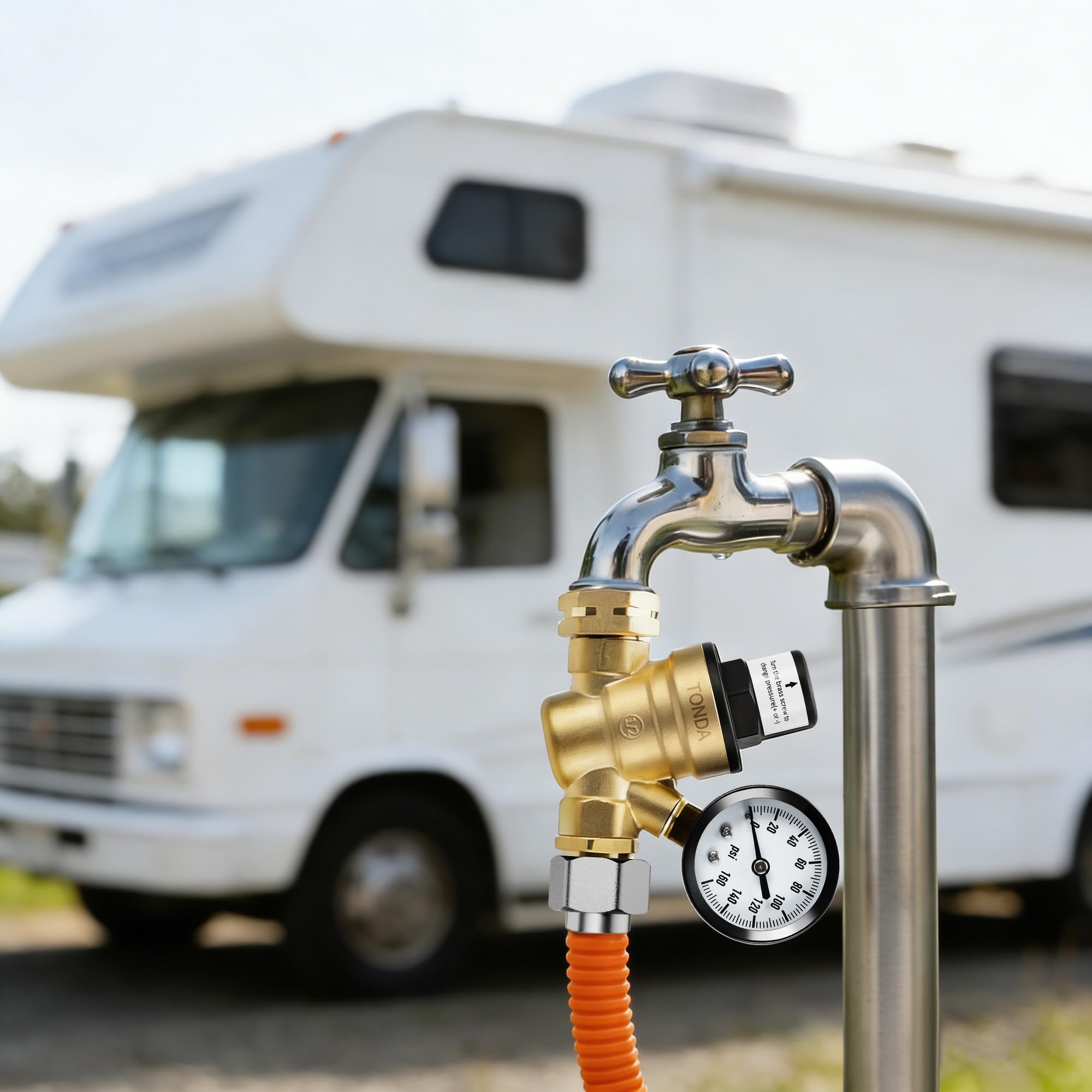 TONDA in RV setup with hose showing safer water pressure for onboard appliances