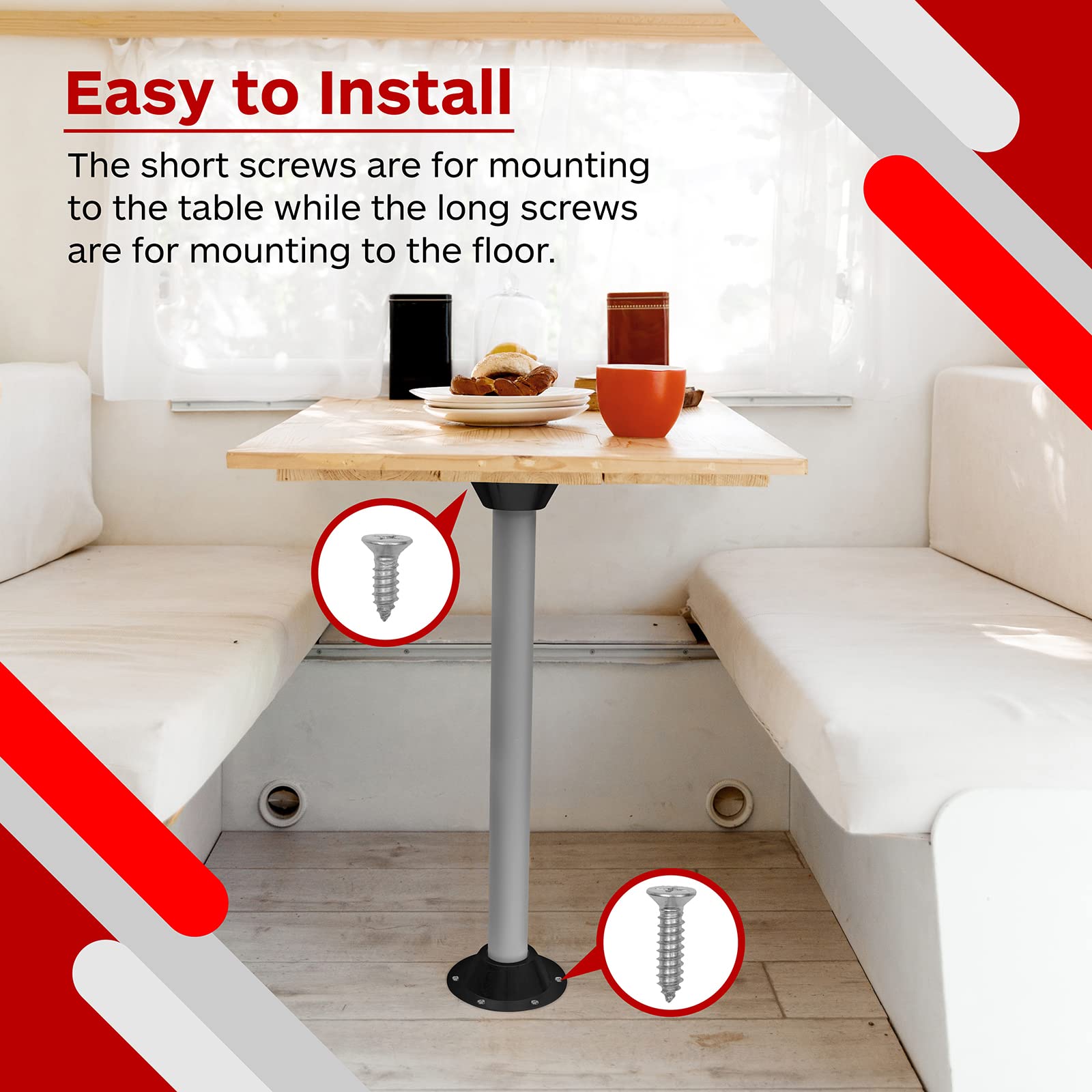 TonGass base installed under RV table, stable tabletop support shown