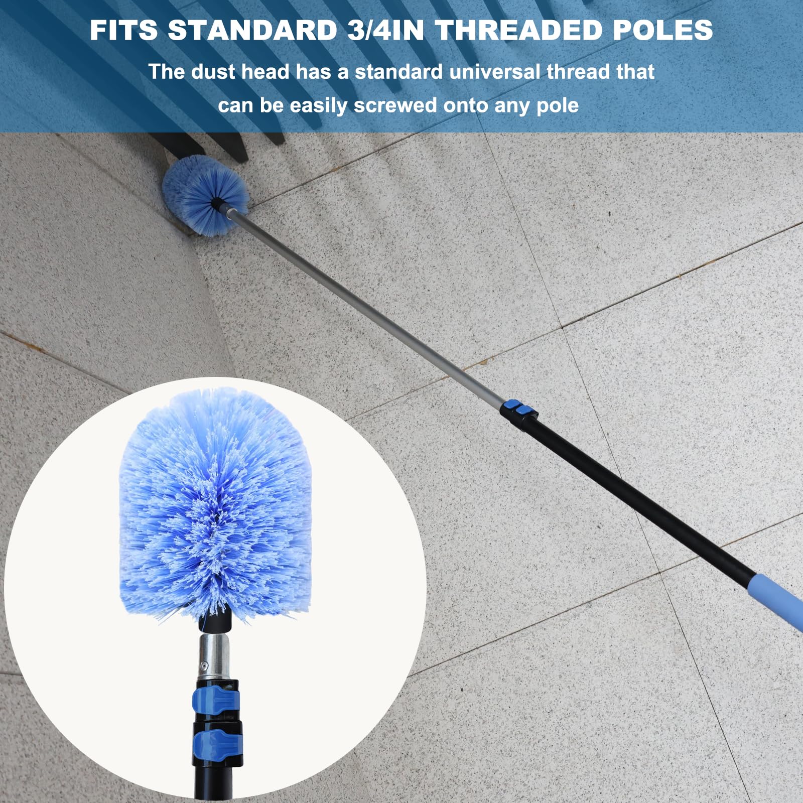 Tonmp duster head attached to an extension pole in use, allowing safe high-reach cleaning