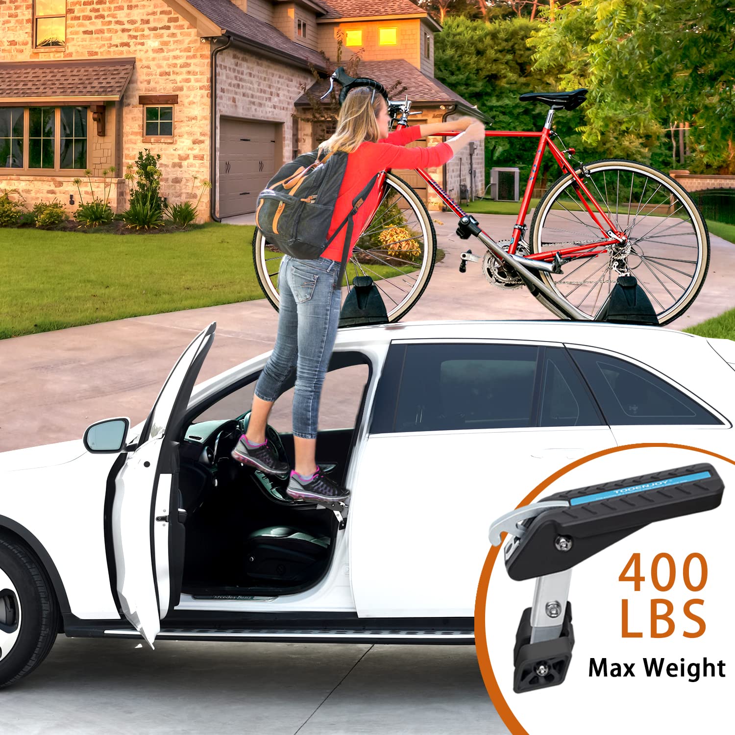 TOOENJOY pedal beside a hand to show scale and lightweight portability for travel