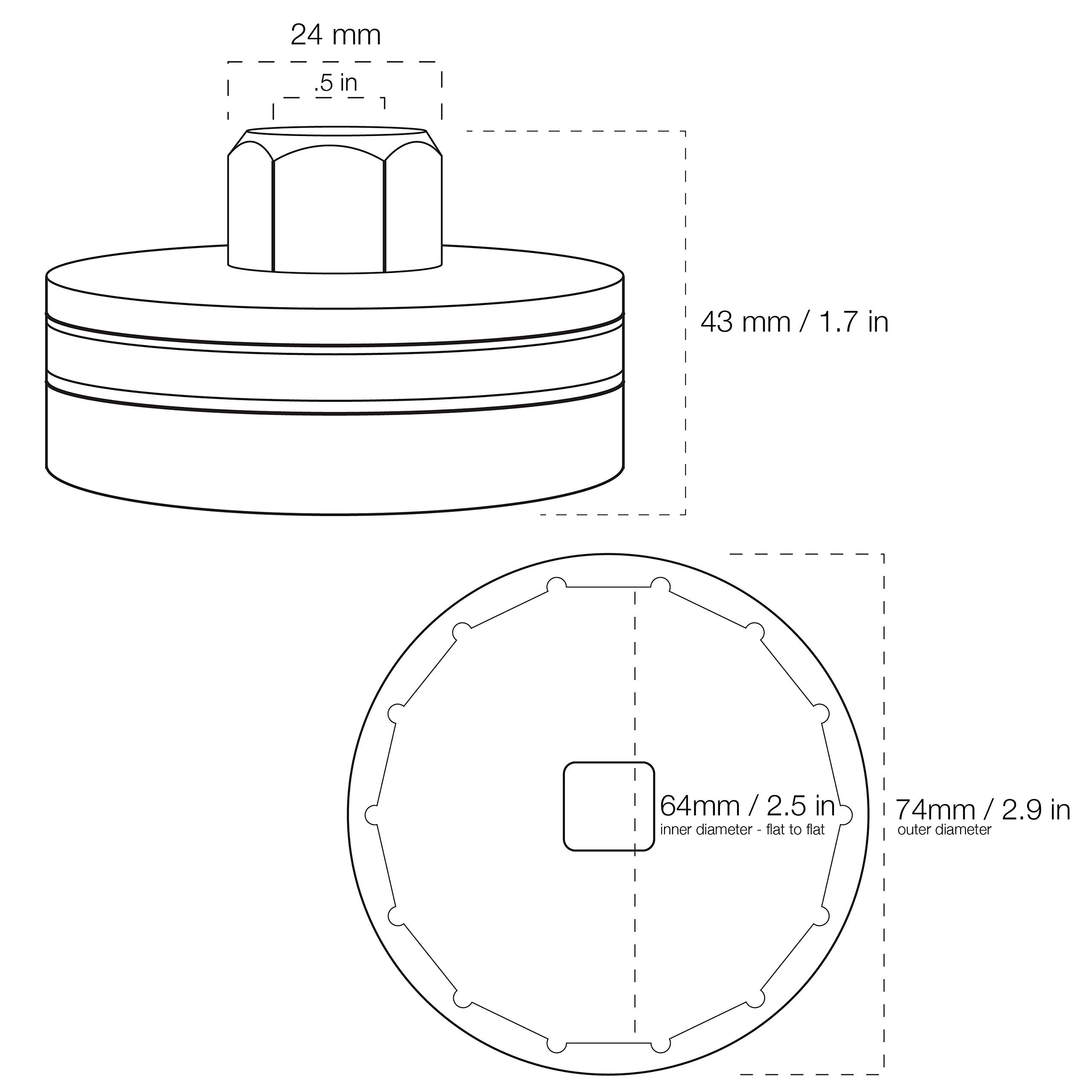 Tool Guy Republic next to ruler showing 64mm size for correct fit