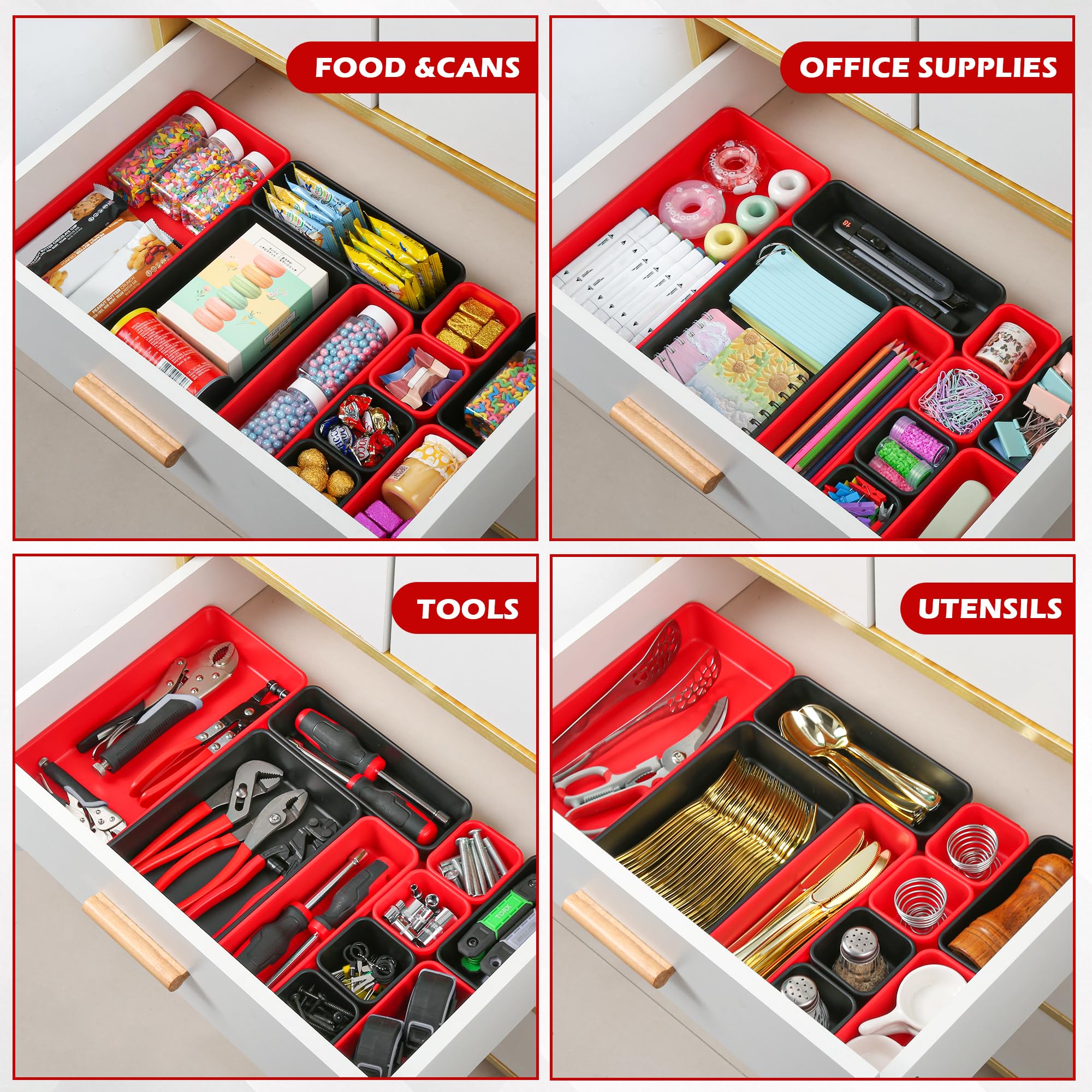TOOLEAGUE trays arranged inside a drawer, maximizes space and neat access