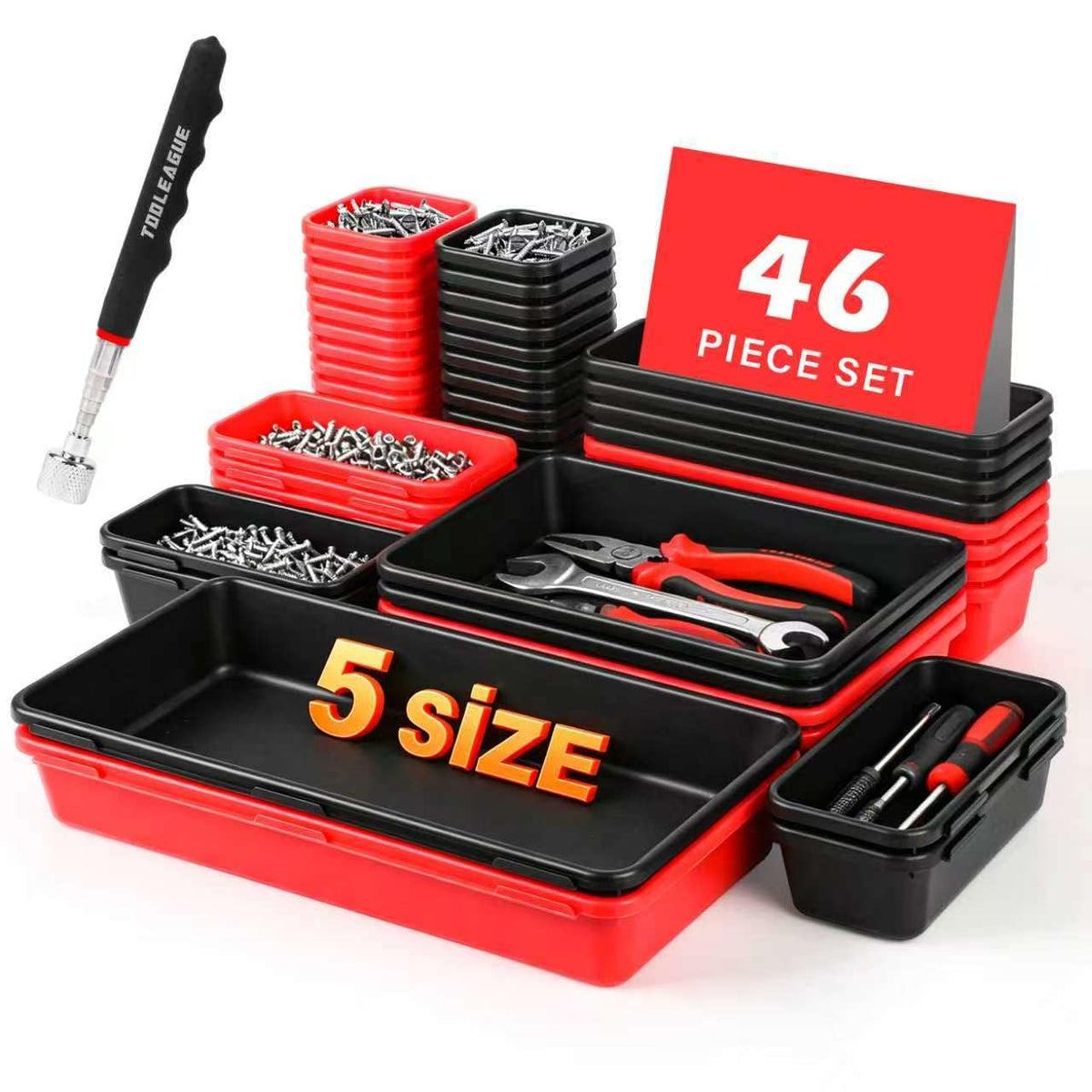 TOOLEAGUE front view of full kit showing trays and magnetic pickup, quick organization