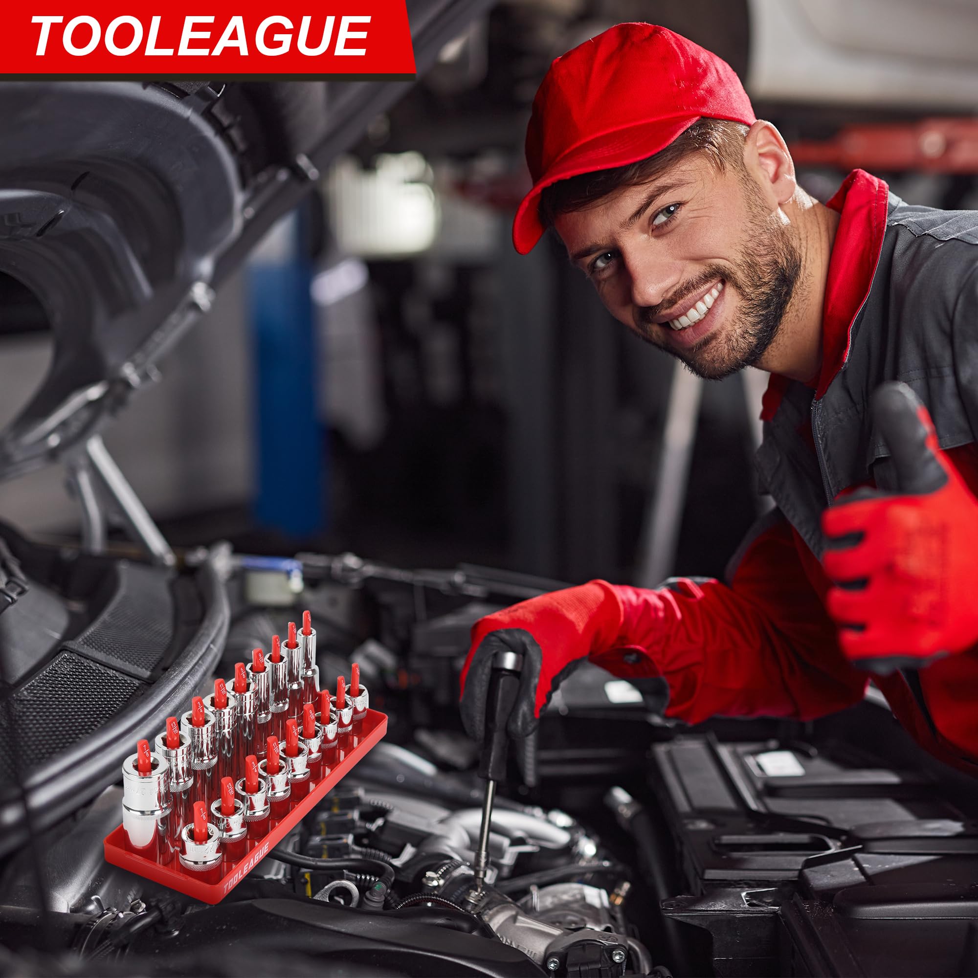TOOLEAGUE socket rows organized by drive and size for efficient tool selection