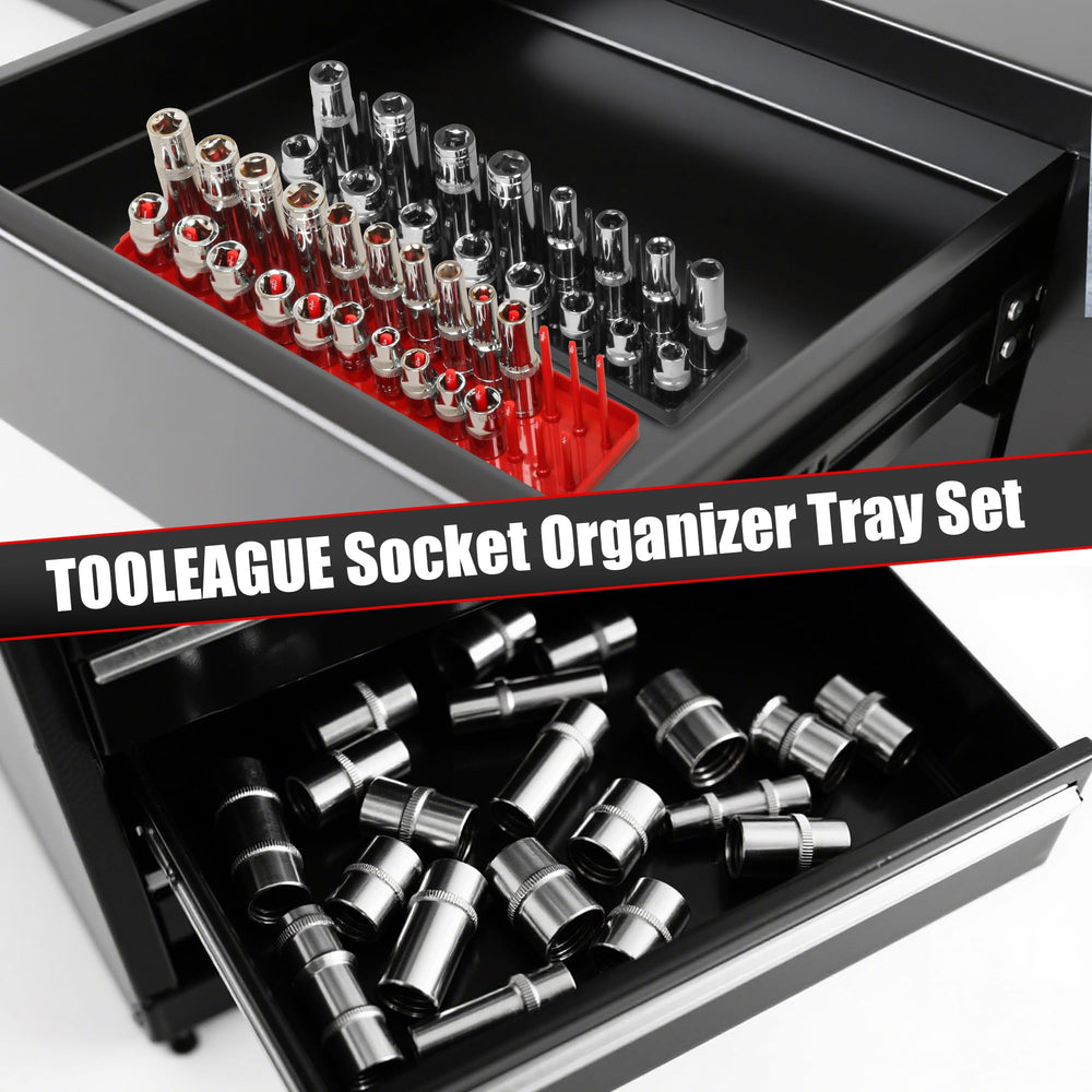 TOOLEAGUE magnetic wrench holder secured in toolbox drawer for space-saving access