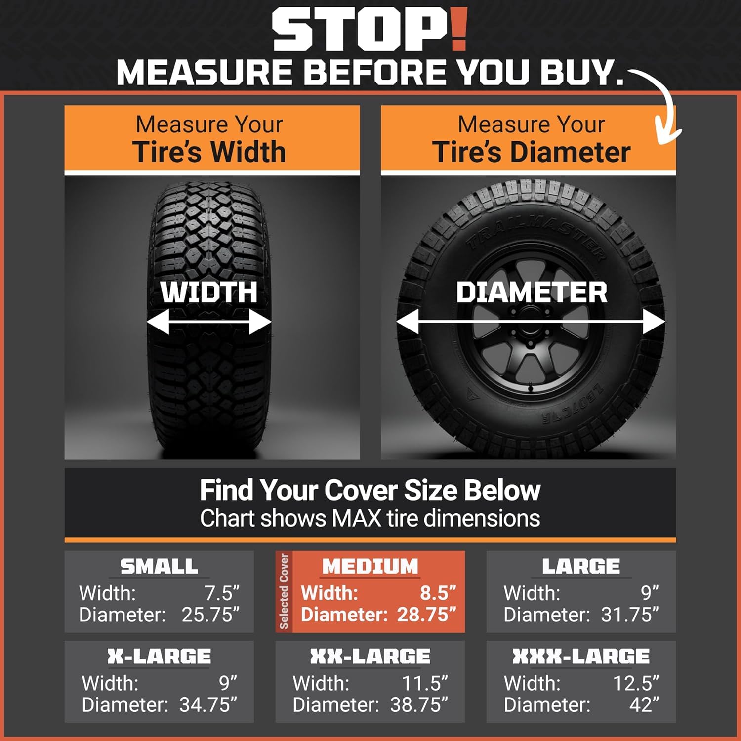 TOOLTROOPERS cover beside ruler showing 26–28.75" fit for easy size verification
