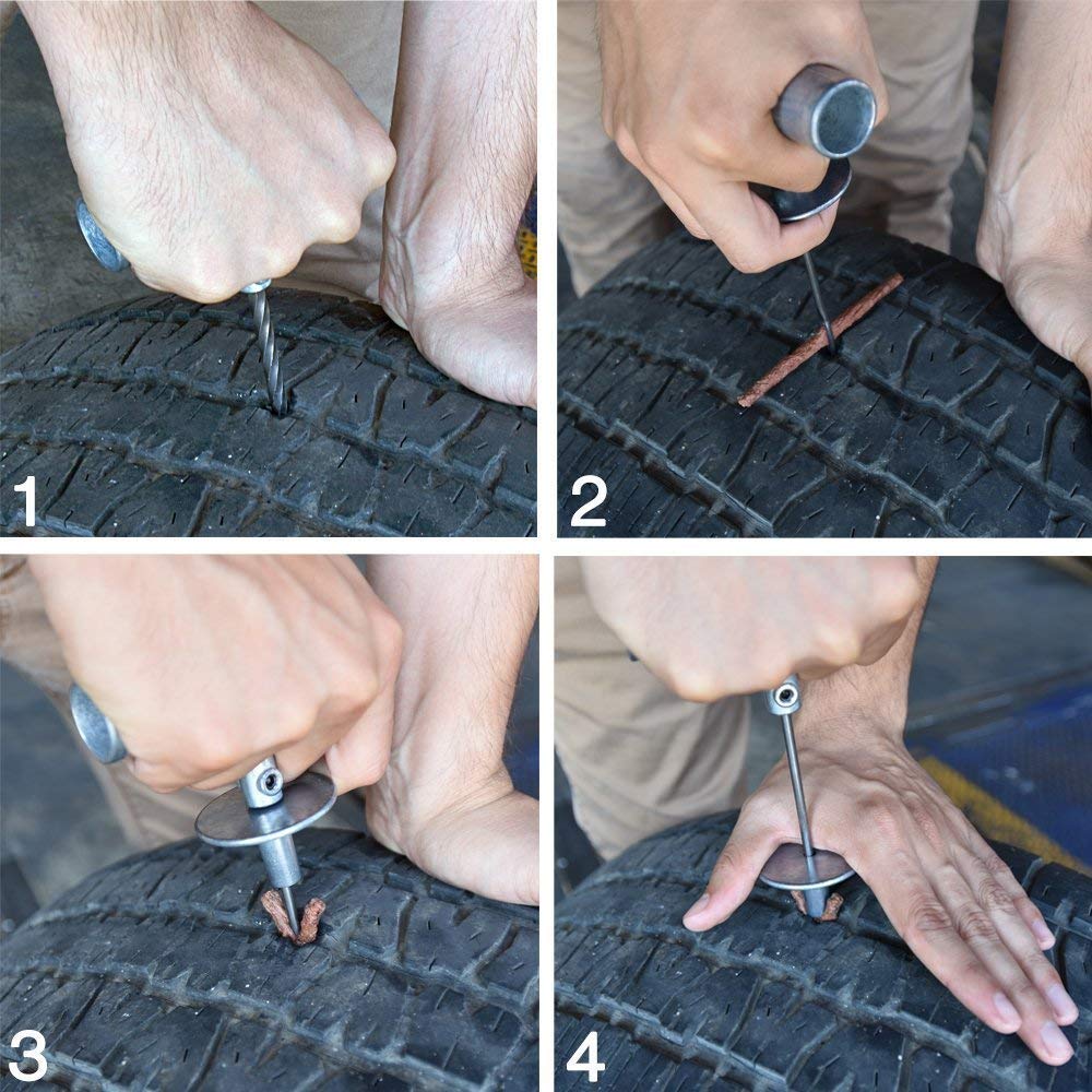 Tooluxe kit in use on a car tire showing quick puncture repair convenience