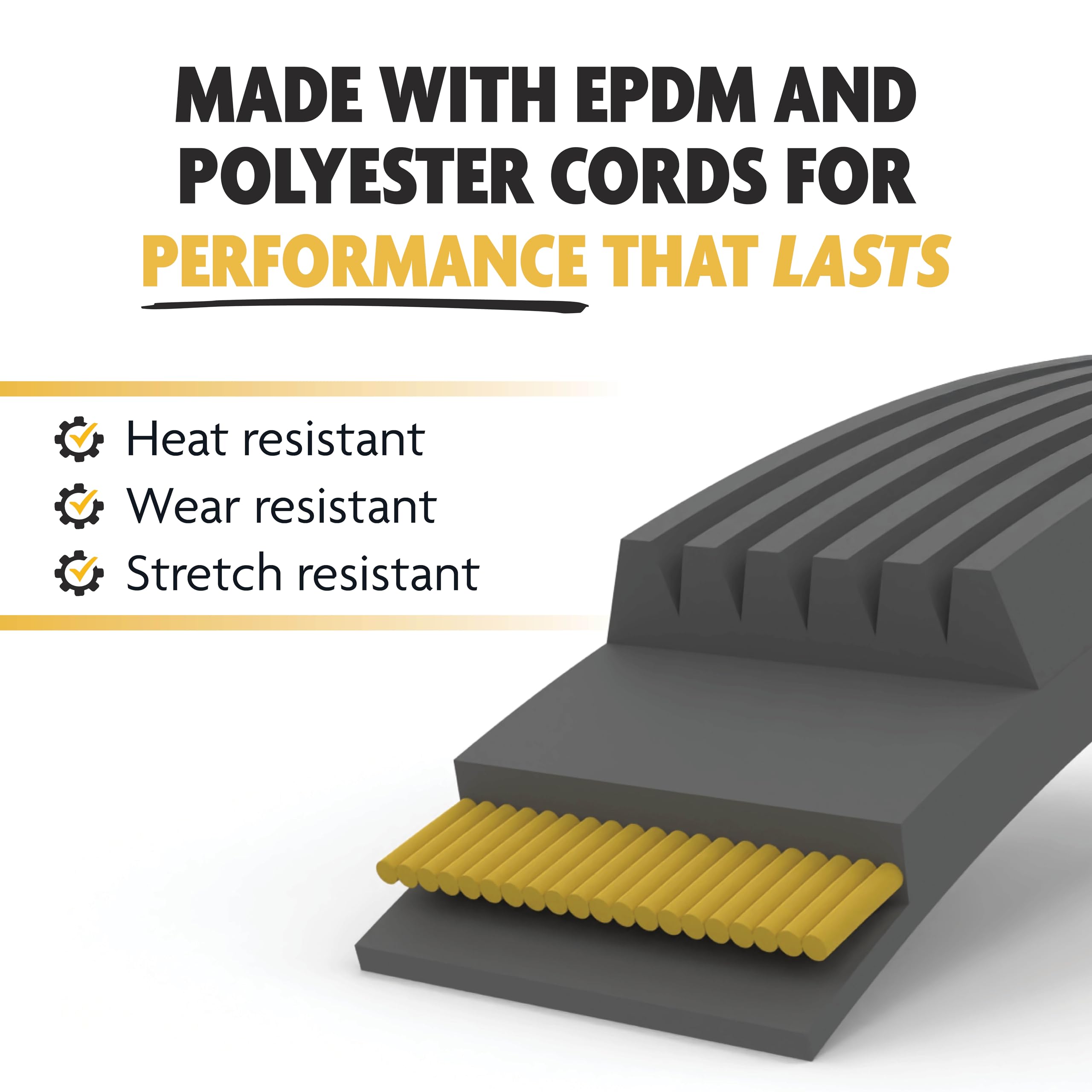 TOP DRIVE belt edge close-up revealing polyester cord reinforcement and tensile strength