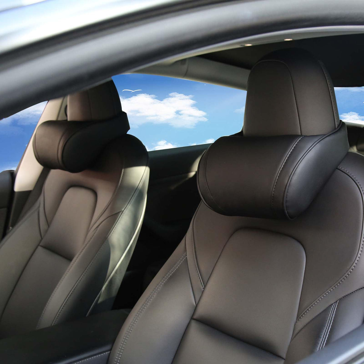 TOPABYTE front view of two black headrest pillows showing compact design and uniform look