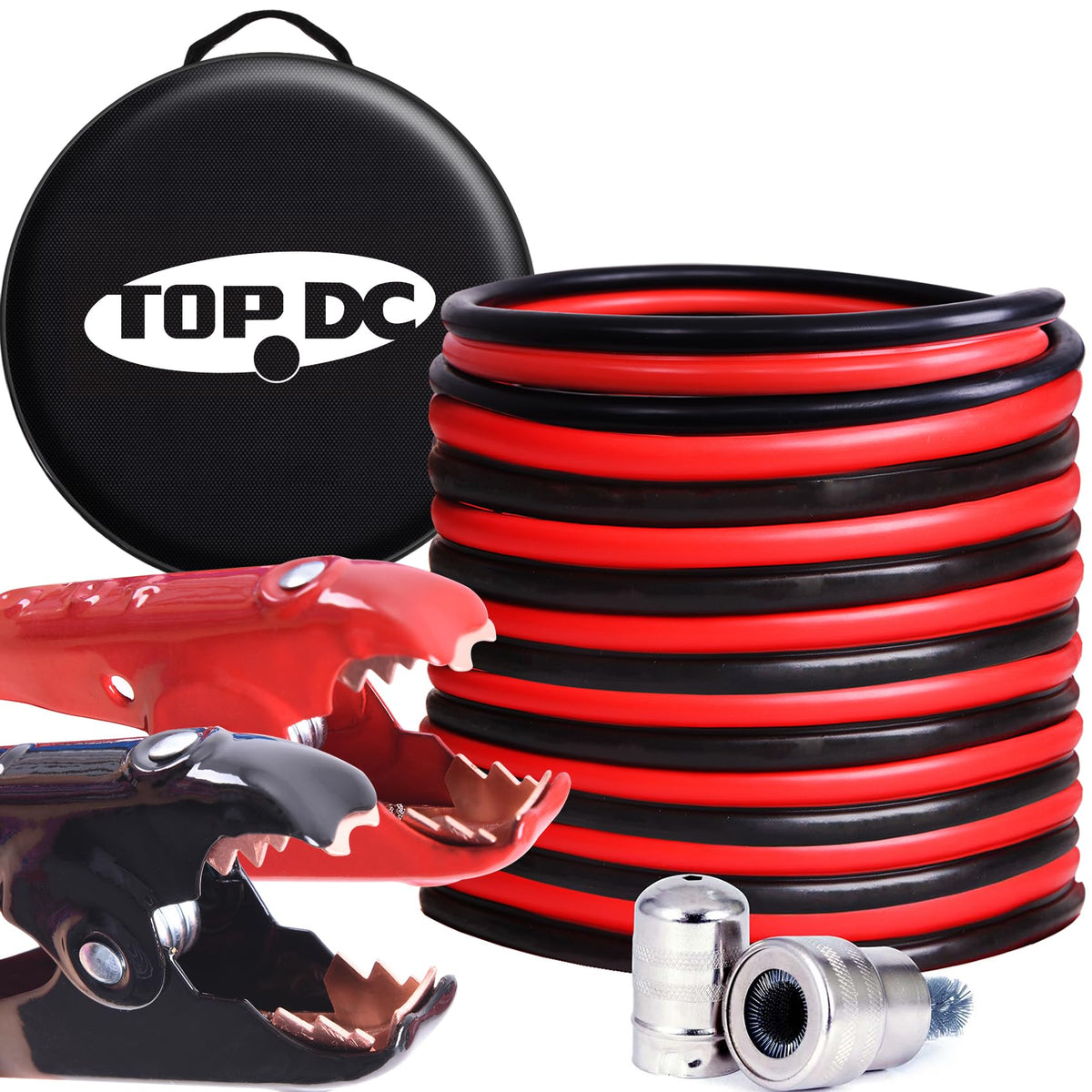 TOPDC front packaging showing cables and included carry bag for organized storage