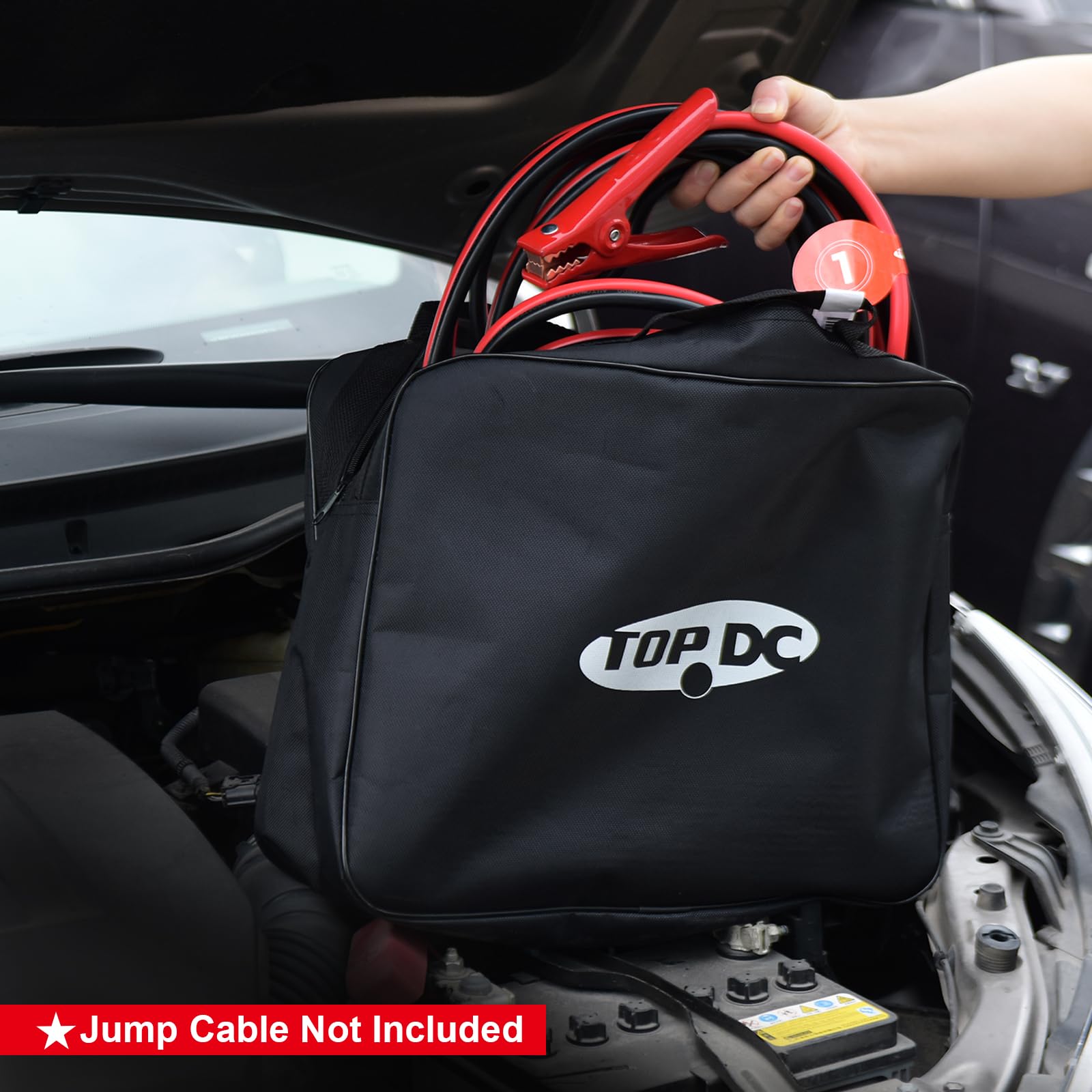 TOPDC bag beside roadside tools showing ready-to-use emergency organization benefit
