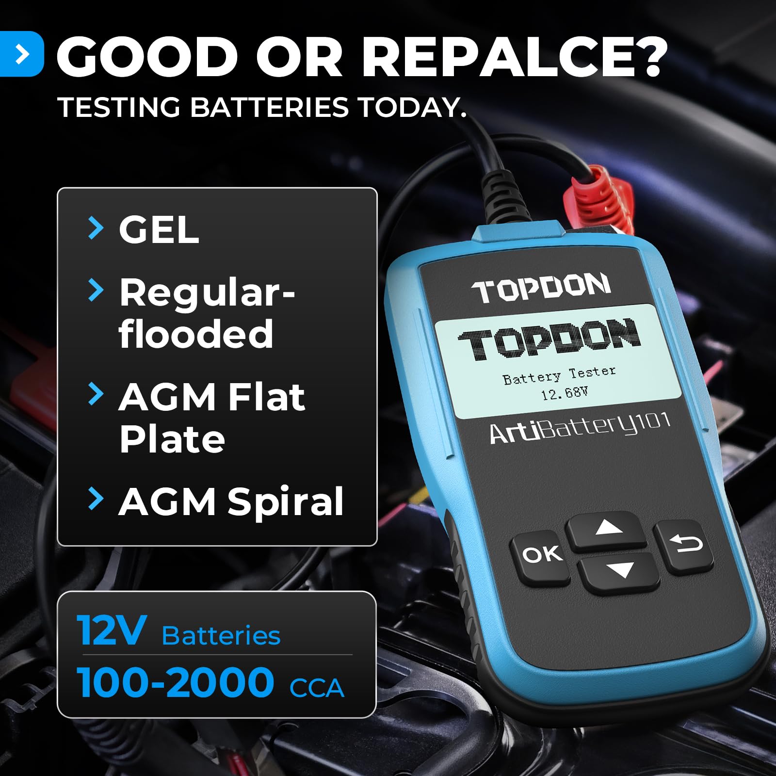 TOPDON AB101 closeup screen displaying cranking voltage results for fast decisions