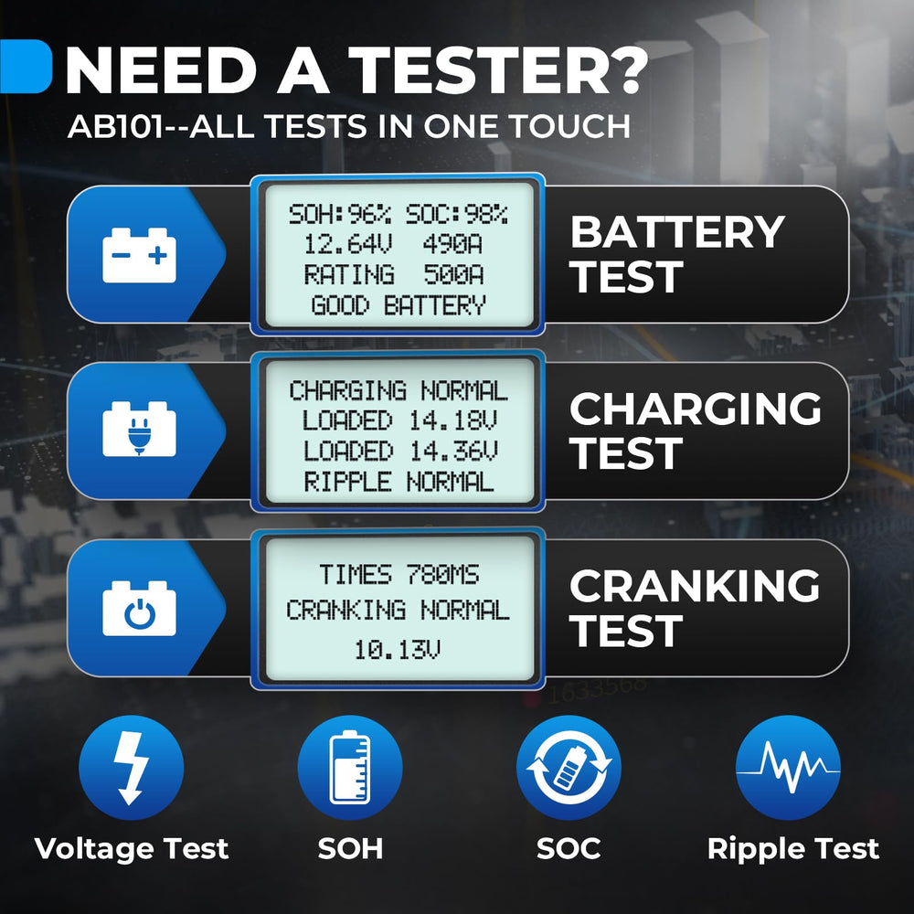 TOPDON AB101 connected to a car battery testing cranking and charging functions