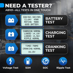 TOPDON AB101 connected to a car battery testing cranking and charging functions