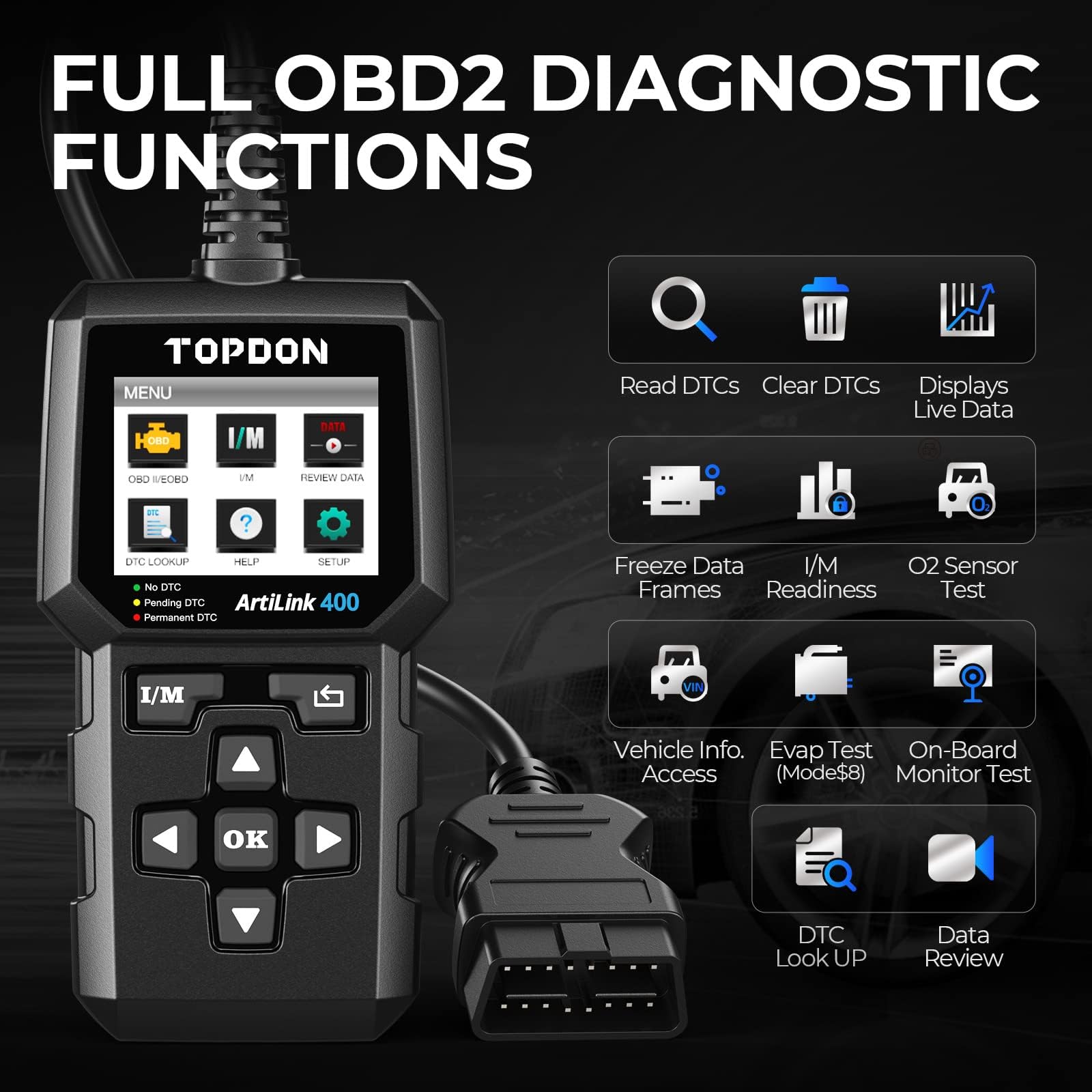 TOPDON AL400 OBD2 connector detail ensuring a secure vehicle port connection