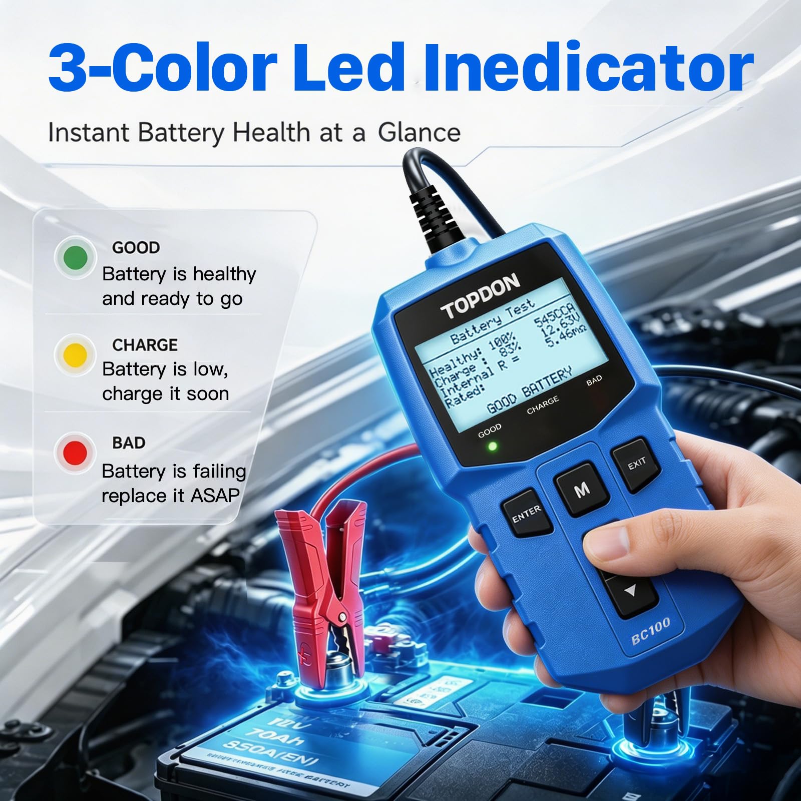 TOPDON BC100 product label and specs view for model and capability verification