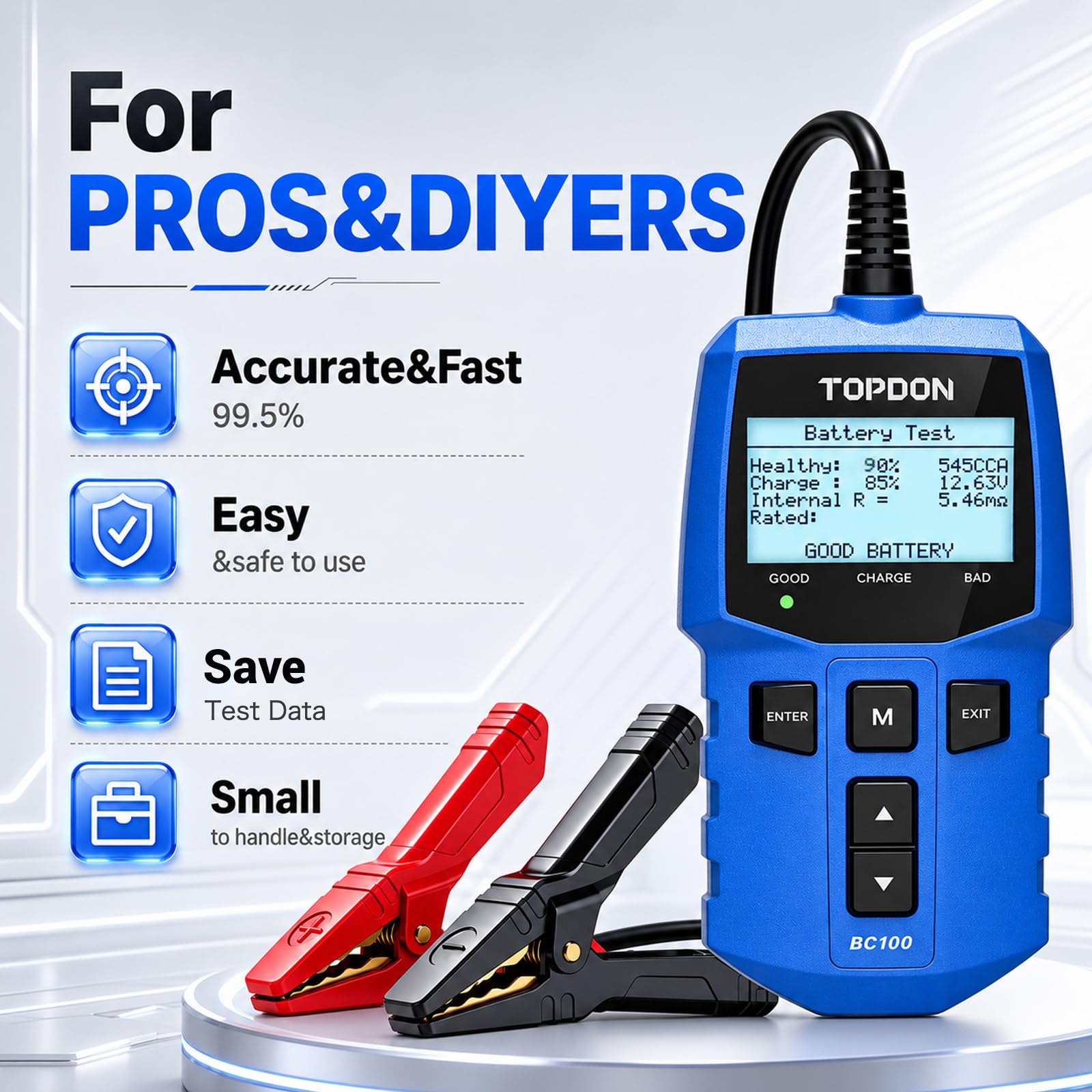 TOPDON BC100 connected to car battery in engine bay to pinpoint issues
